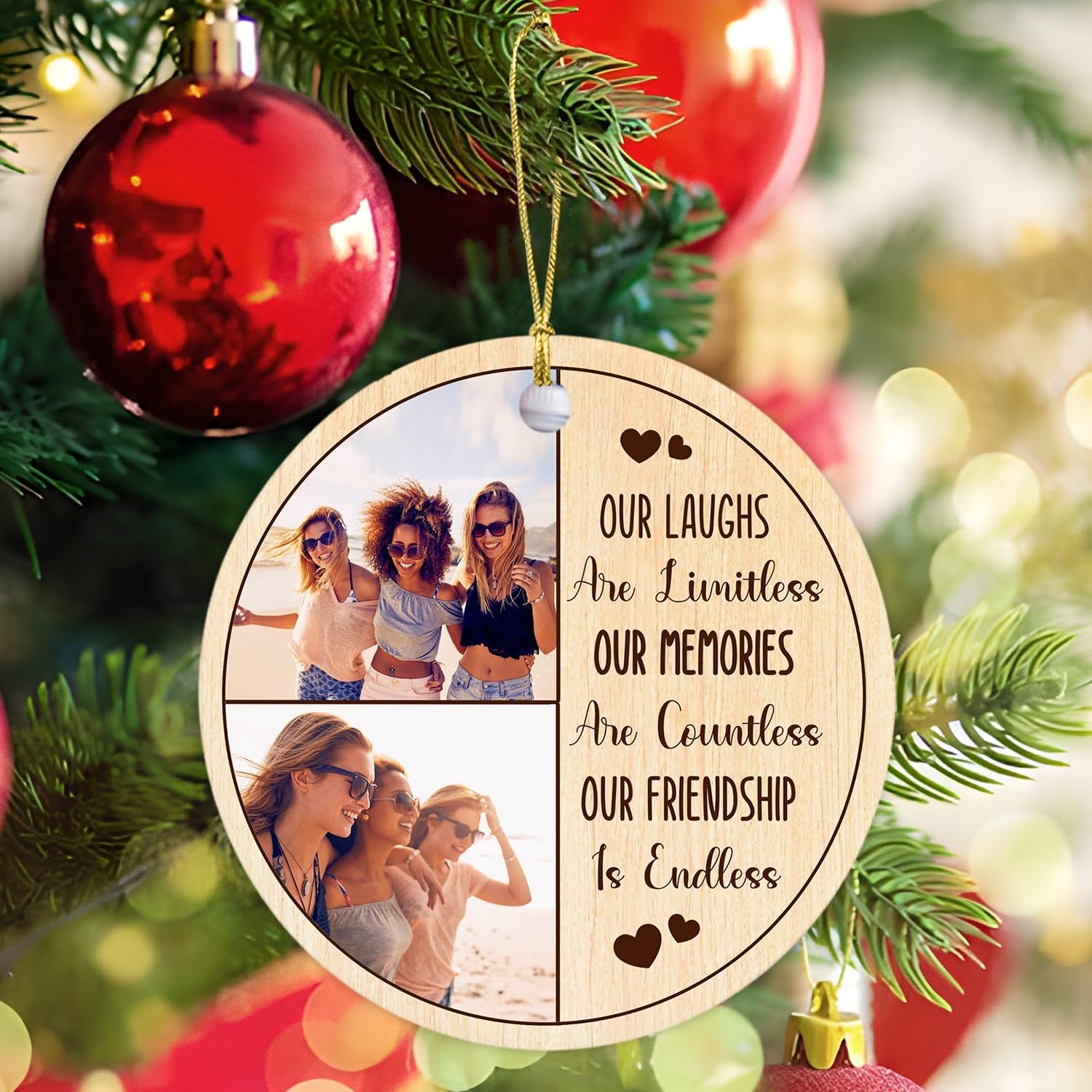 Adorno personalizado de Navidad con texto en inglés “Best Friends Forever”, Our Laughs are Limitless Our Memories are Countless Our Friendship is