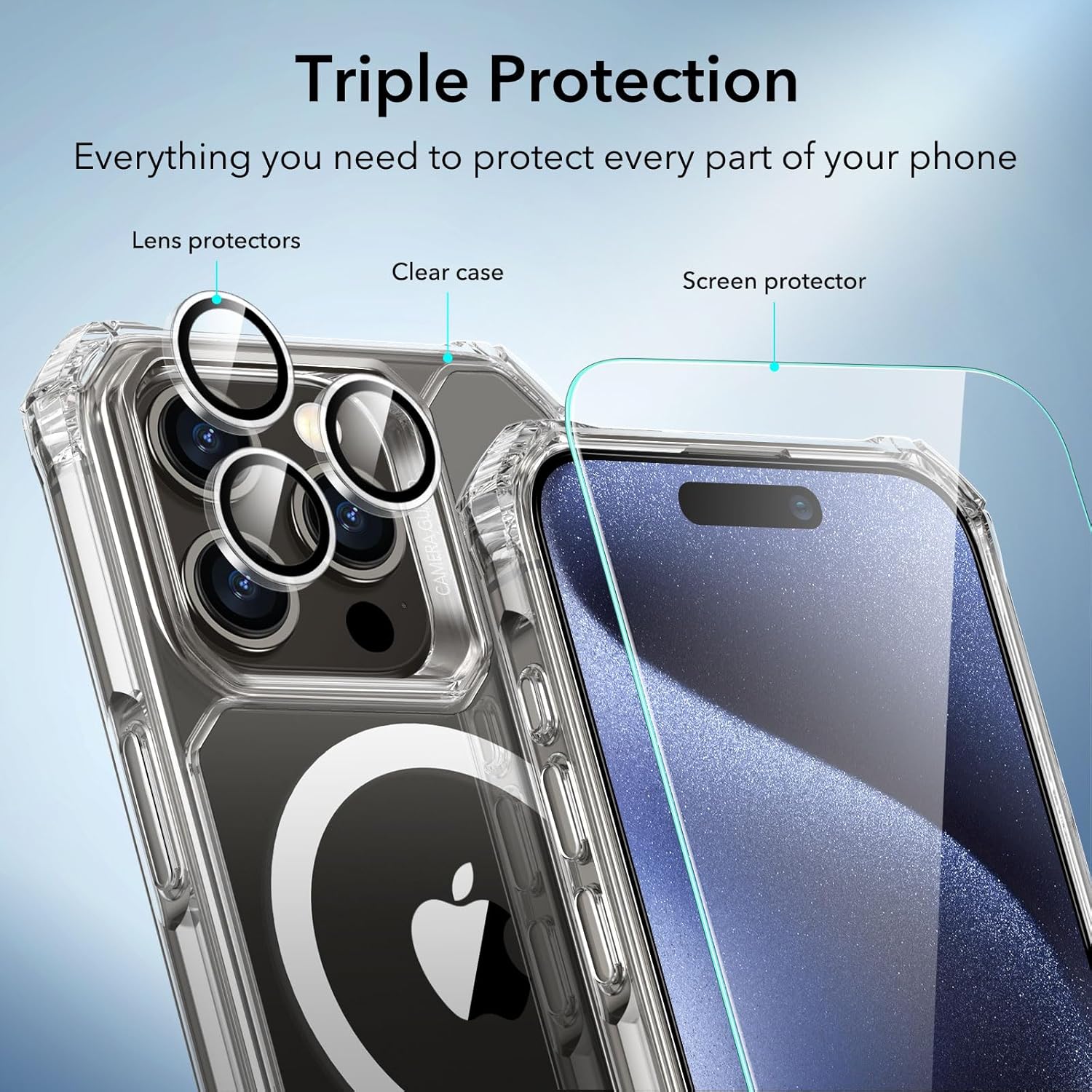 ESR Funda para iPhone 15 Pro Max, compatible con MagSafe, juego con 2 protectores de pantalla y protectores de lente individual, esquinas de