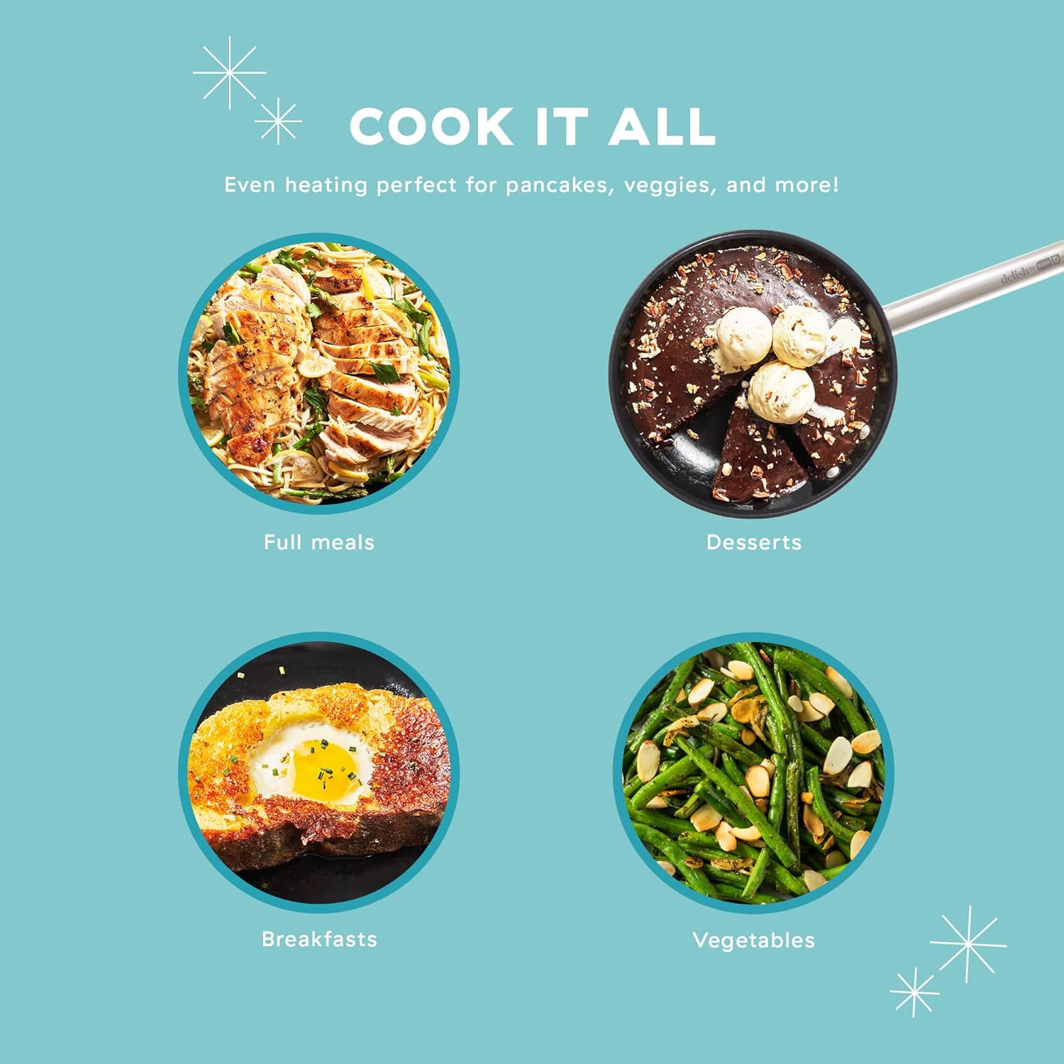 DASH Delish – Sartén ligera de hierro fundido de 10 pulgadas para panqueques, salsas, verduras, pasta y más, color azul