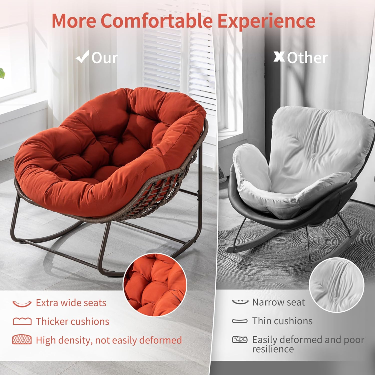 HOMEFUN Juego de 2 mecedoras para patio al aire libre, mecedora Papasan de gran tamaño con cojín acolchado, silla mecedora para porche delantero,