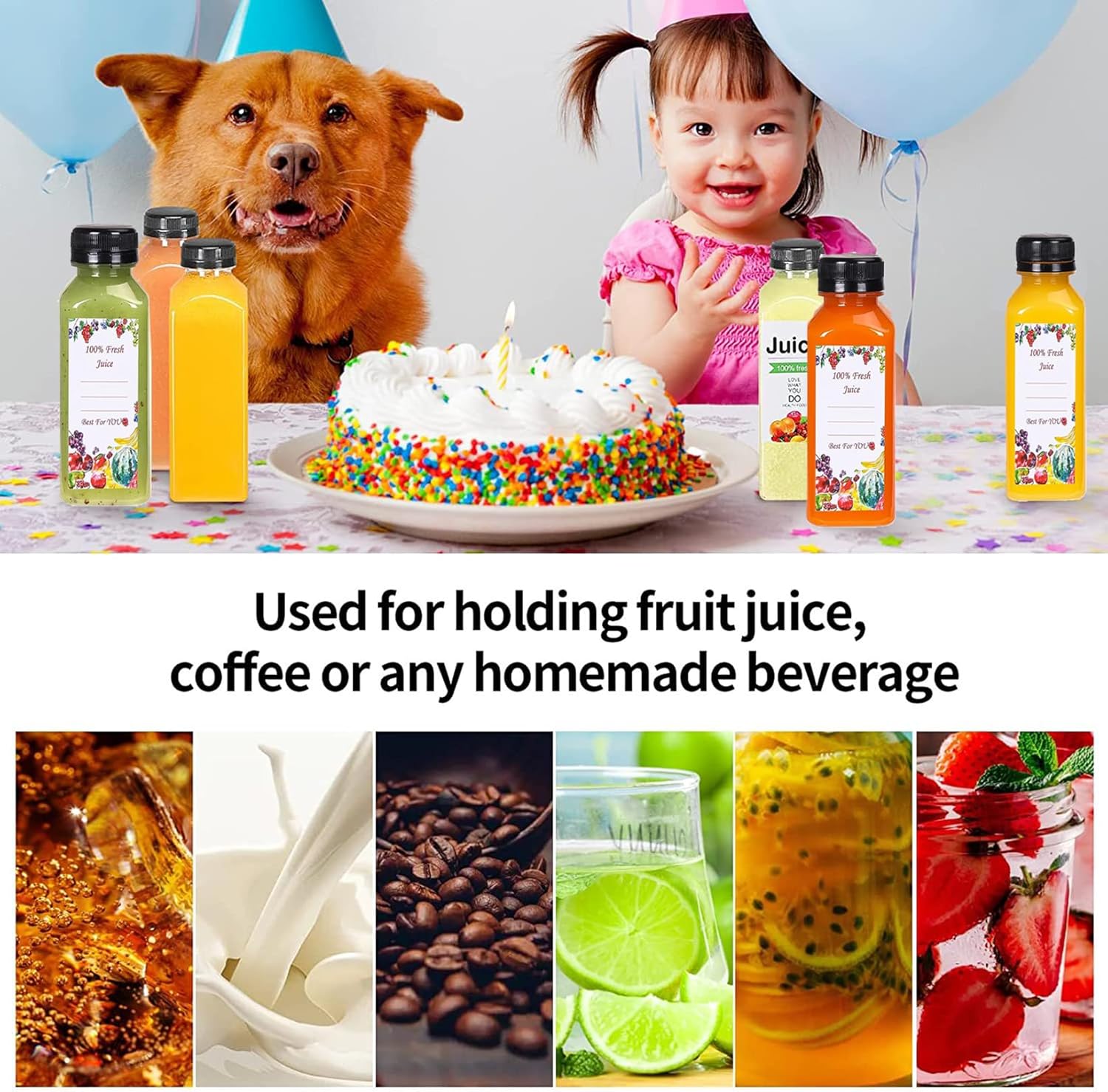 16 botellas de jugo de 8 onzas para jugos, botellas vacías reutilizables de plástico transparente con tapas negras para jugos, agua, licuados,