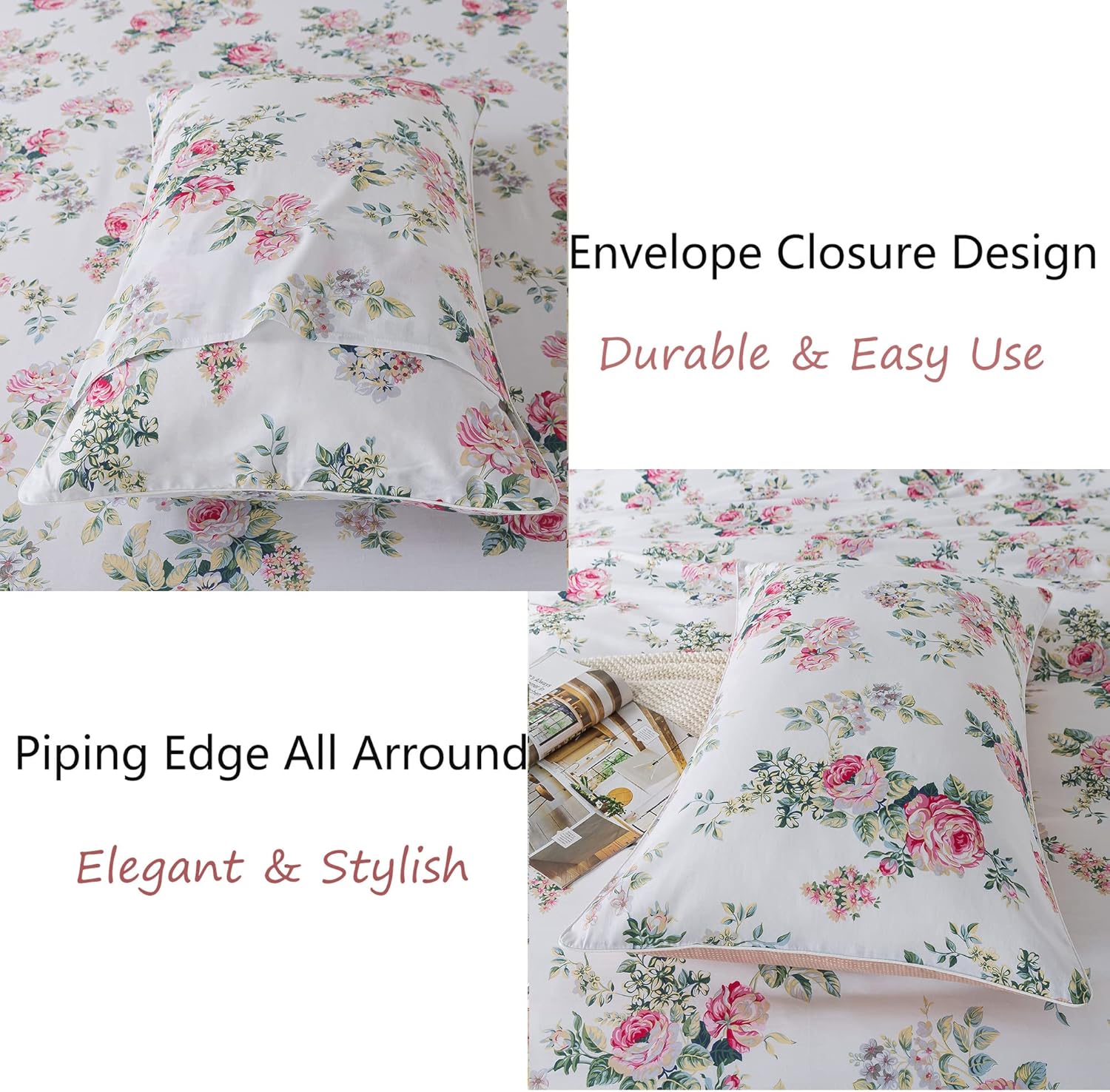 FADFAY Sheets Set Cal King Pink Rose Floral Bedding Shabby Peony Flower Bed Sheet Set Vintage Farmhouse Bedding 100% Cotton Breathable Bedding with