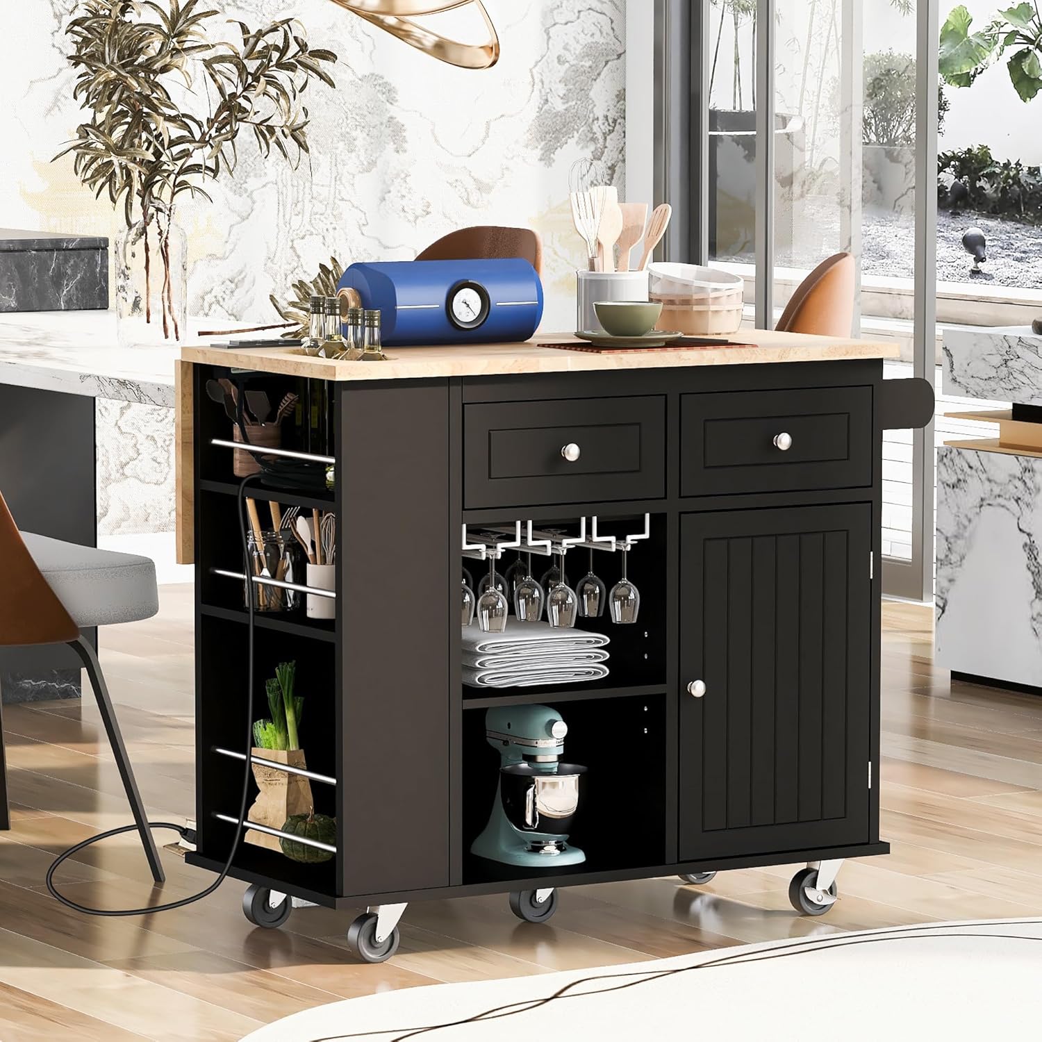 P PURLOVE Isla de cocina de madera con hojas caídas y estantes, armario de cocina con ruedas de bloqueo, isla de almacenamiento de cocina con