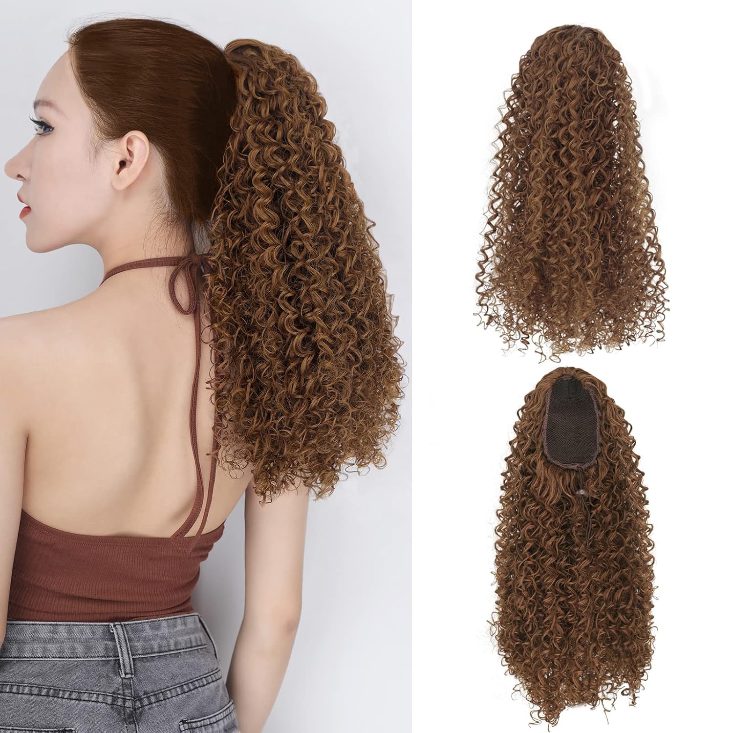 Cola de caballo rizada y ondulada con cordón, color rubio oscuro, pieza de cabello sintético natural, con clip, extensiones de cola de caballo