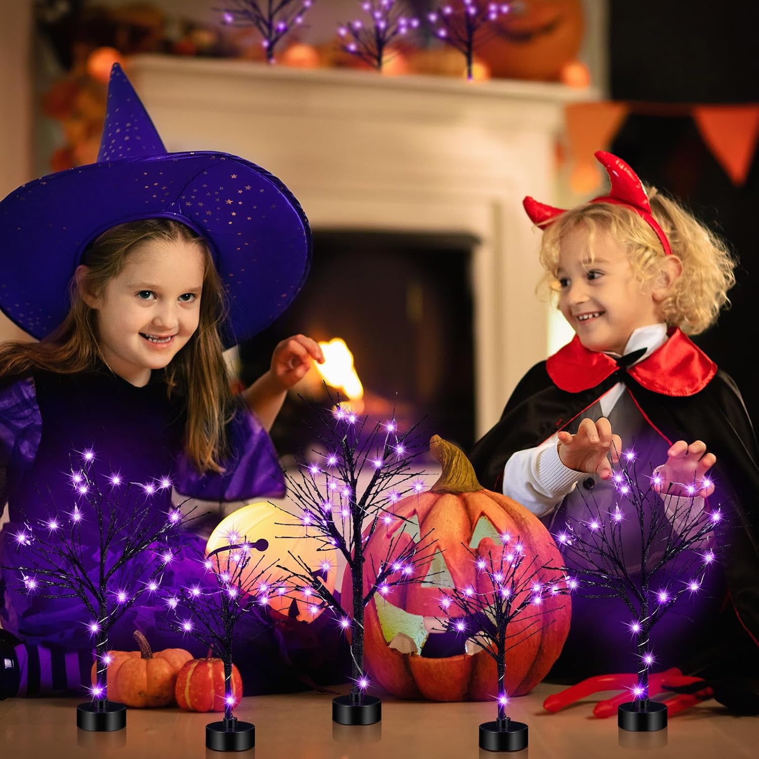 Baquler 7 piezas de árboles LED de Halloween, abedul negro para decoración de mesa, aldea artificial de Halloween con cadena de luces de Halloween,
