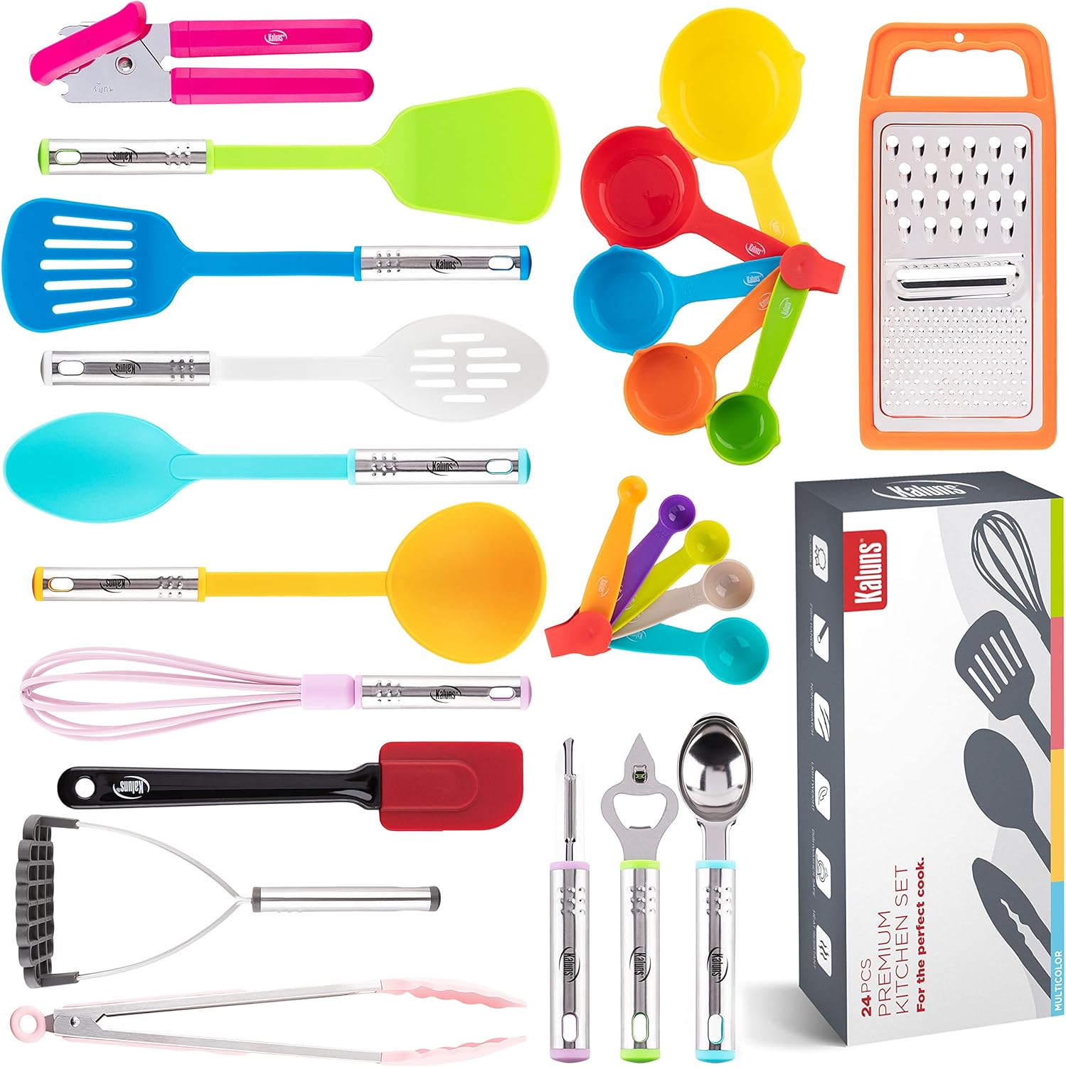 Juego de artículos de cocina, juego para ollas y sartenes, antiadherentes y resistentes al calor, 24 piezas de nailon y acero inoxidable, juego de