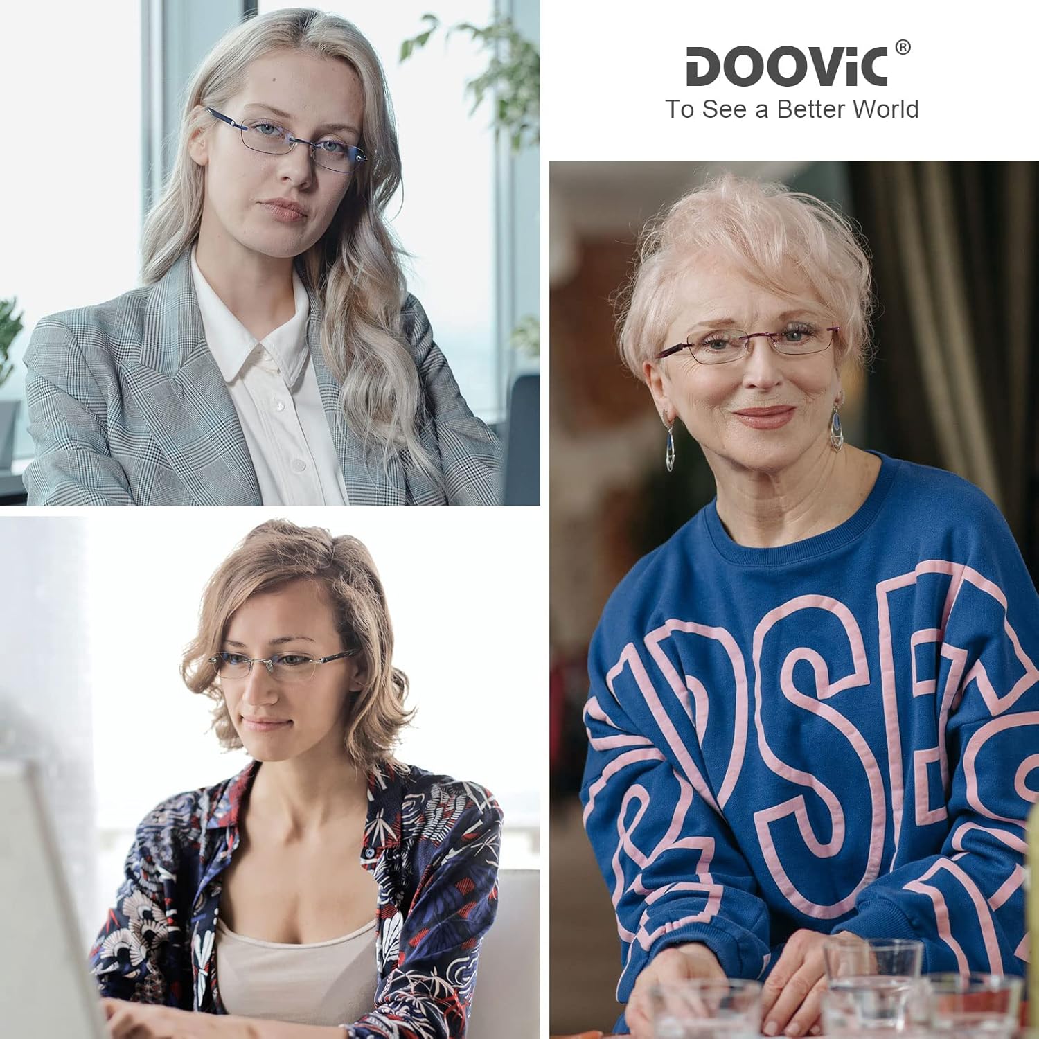 DOOViC Paquete de 3 lentes de lectura sin montura para mujer, ligeros, elegantes, con bloqueo de luz azul, borde tintadobisagra de resorte, 2.00 de