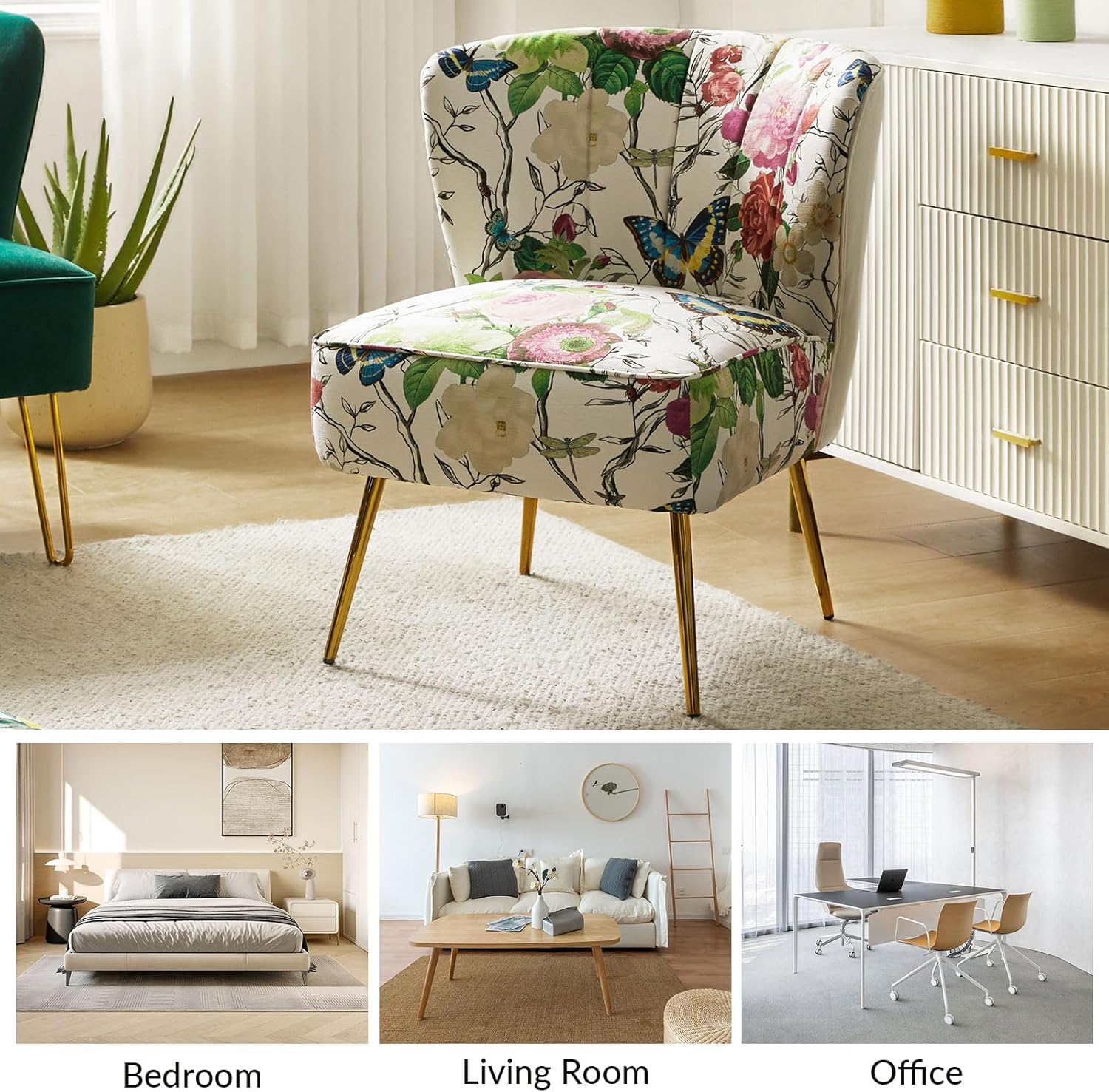 HULALA HOME Silla decorativa con patas de metal dorado, cómoda silla de sala de estar, silla lateral pequeña sin brazos de tela floral, silla