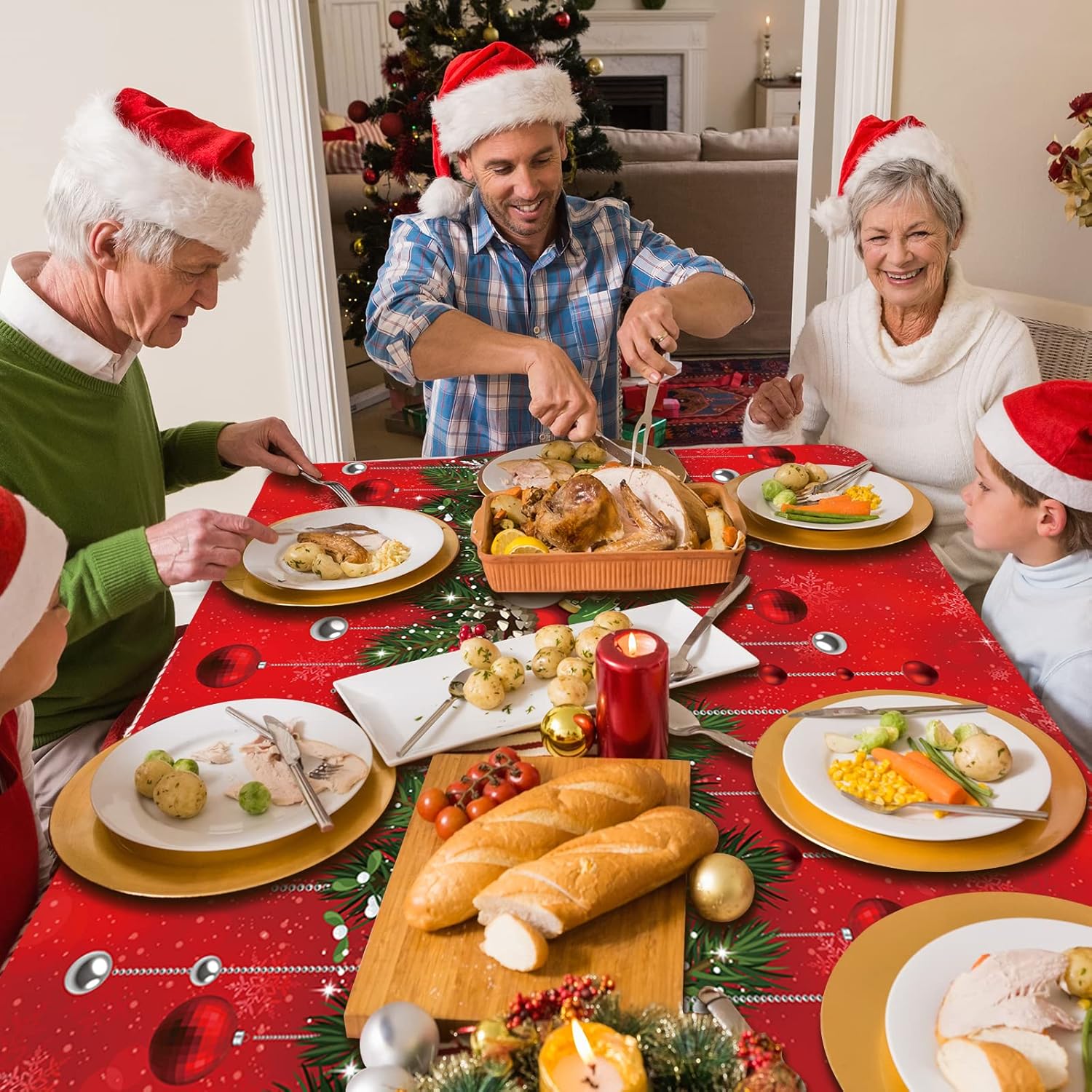 1 mantel rectangular de plástico con diseño de árbol de Navidad, diseño de copos de nieve para Navidad, Año Nuevo, suministros de decoración de