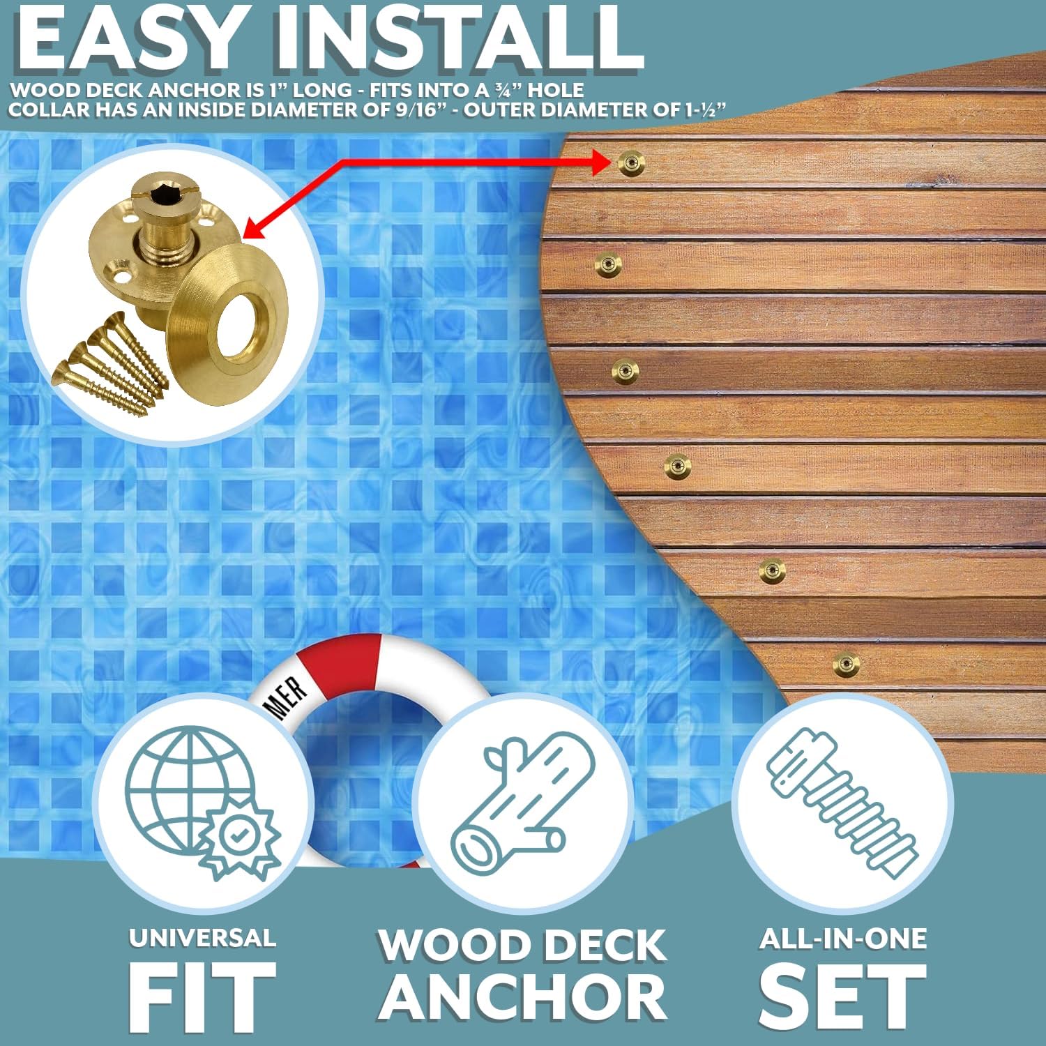 Poolzilla – Cubierta de seguridad para piscina, anclaje de latón con collar para cubiertas de madera, paquete de 10 unidades, ajuste universal