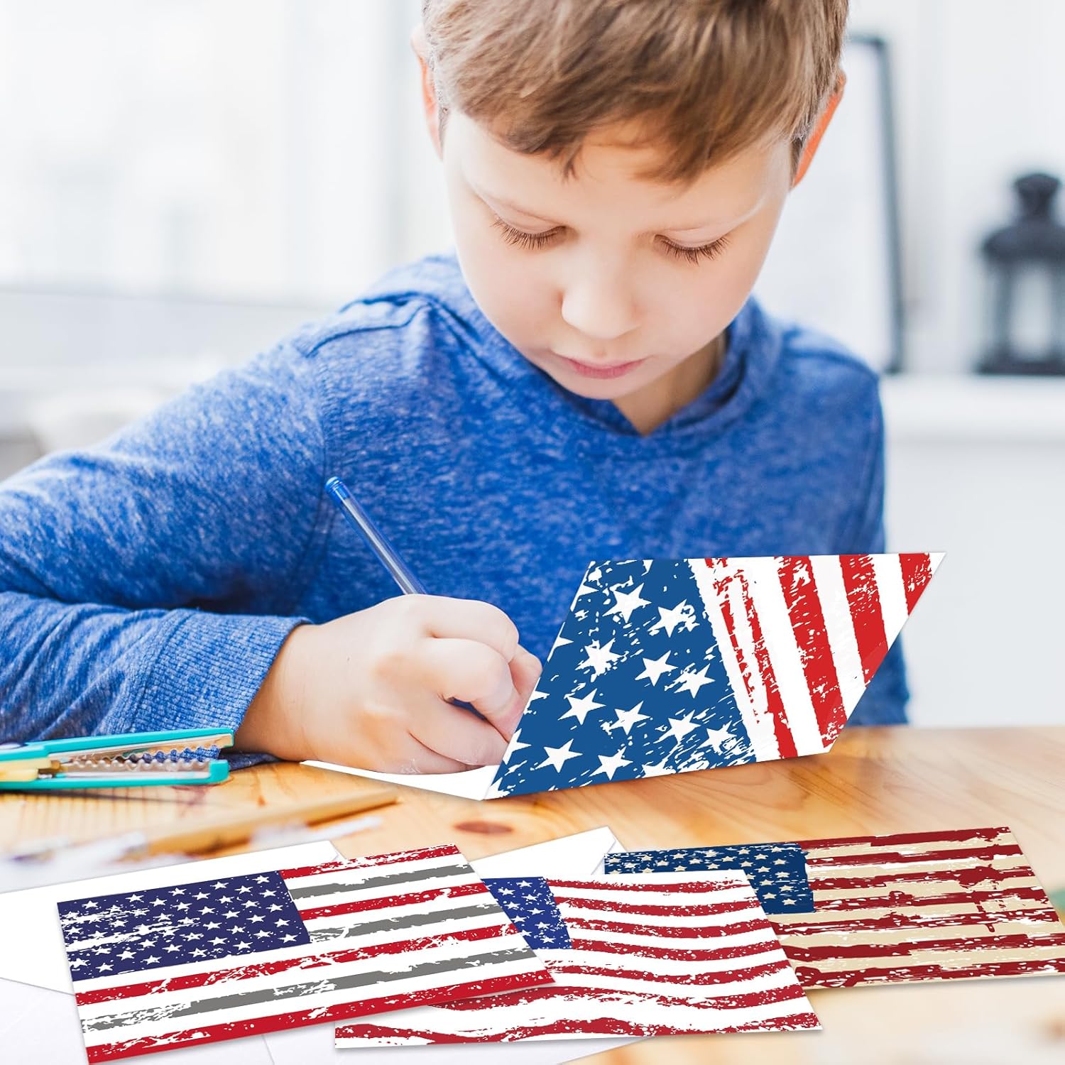 Tarjetas de felicitación patrióticas con sobres, tarjetas de notas de la bandera estadounidense para veteranos conmemorativos del 4 de julio, Día de