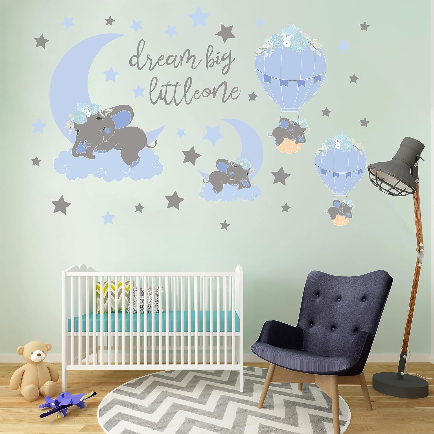 TALLSOCNE Calcomanías de pared Dream Big Little One Elefante, decoración de habitación de bebé, luna azul, globo aerostático, estrellas grises,