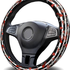 Funda protectora para volante de automóvil, diseño de árbol de bayas y bayas de invierno, diseño de árbol de bayas y negro, con rayas elásticas y Funda protectora para volante de automóvil, diseño de árbol de bayas y bayas de invierno, diseño de árbol de bayas y negro, con rayas elásticas y
