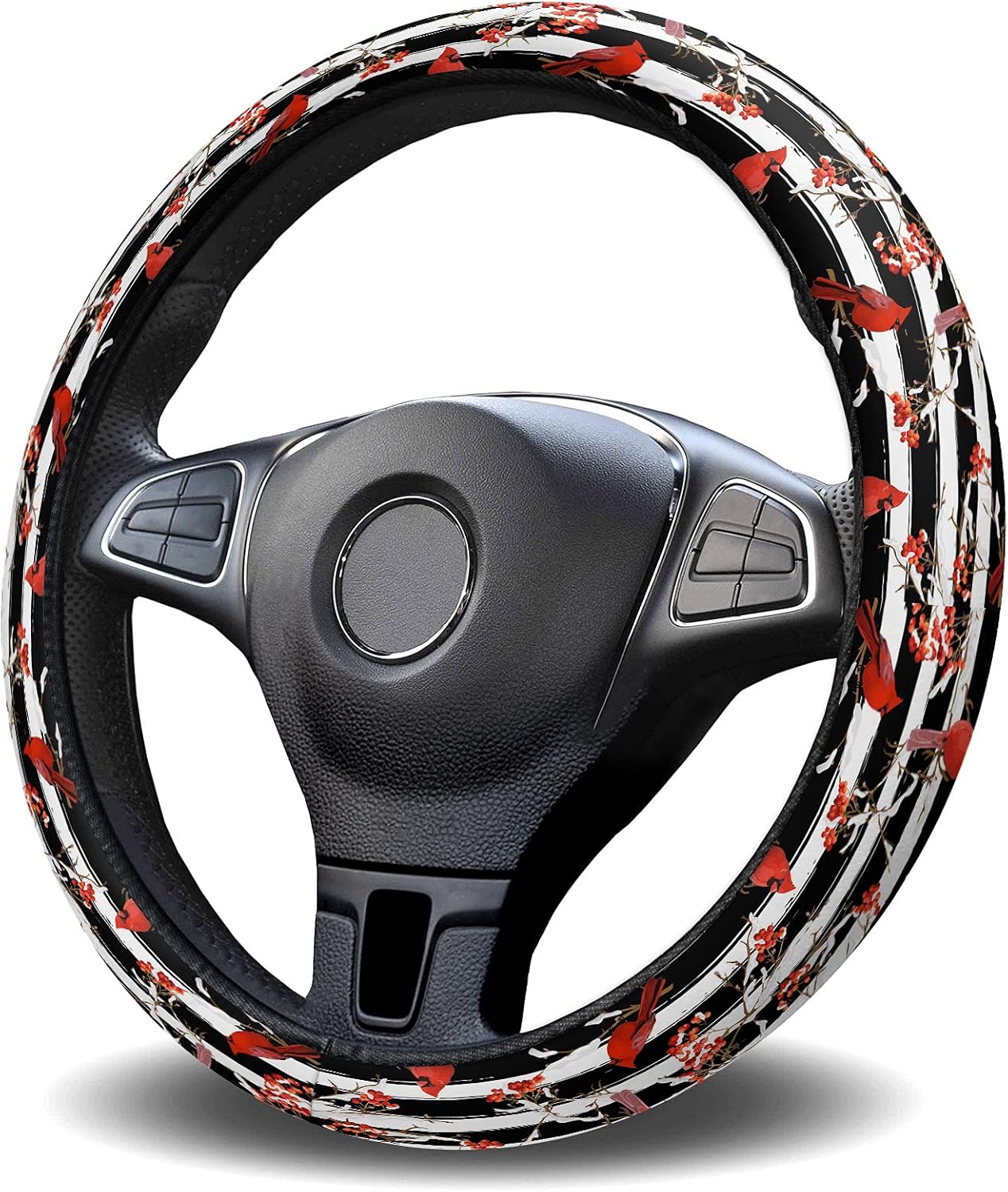 Funda protectora para volante de automóvil, diseño de árbol de bayas y bayas de invierno, diseño de árbol de bayas y negro, con rayas elásticas y