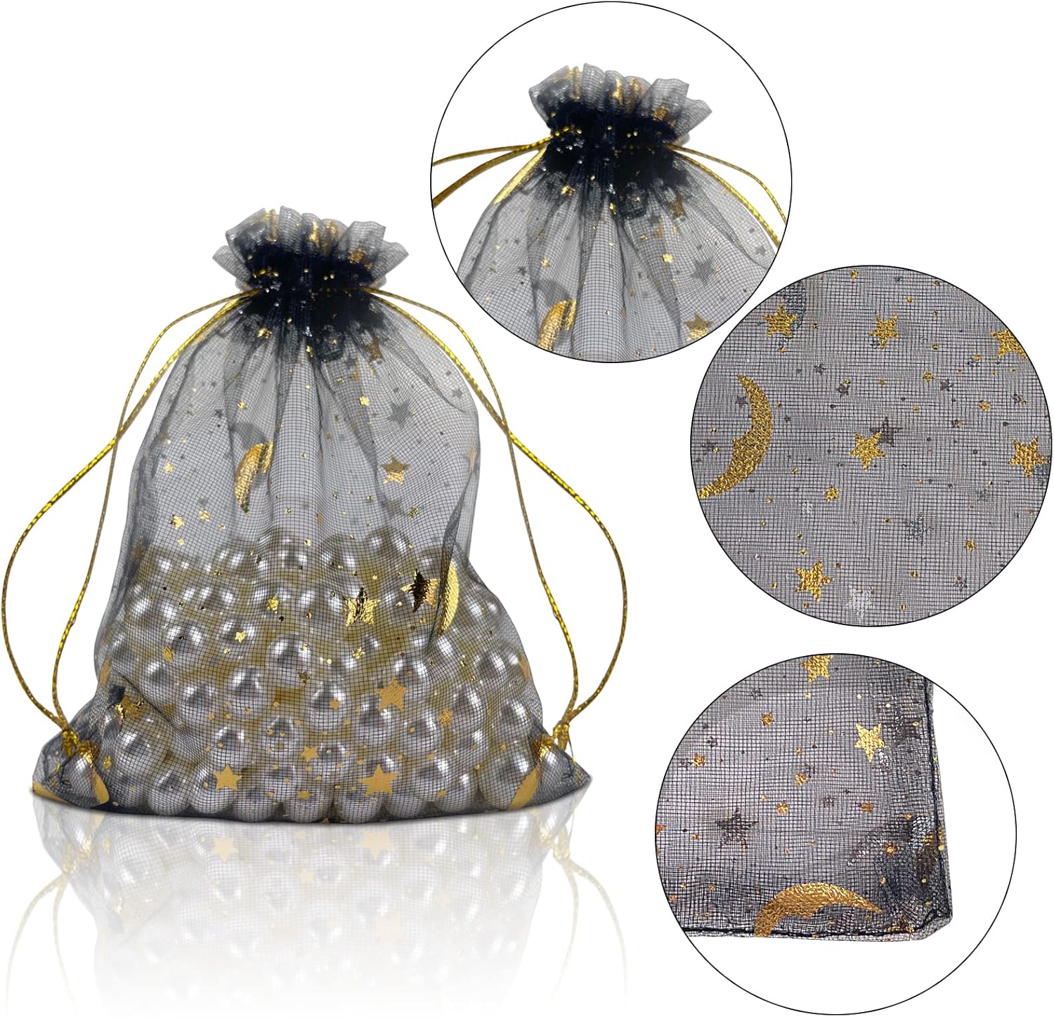 100 bolsas de organza con diseño de estrella y luna, bolsas para joyas, bolsitas para dulces, bolsas de regalo de organza con cordón para bodas,