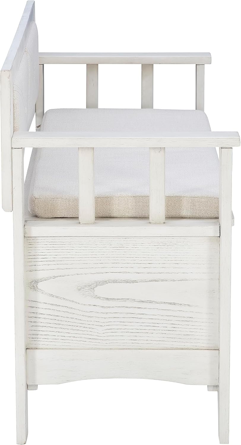 Linon Carlton – Banco de almacenamiento blanco con respaldo tapizado beige y asiento acolchado, gris ahumado