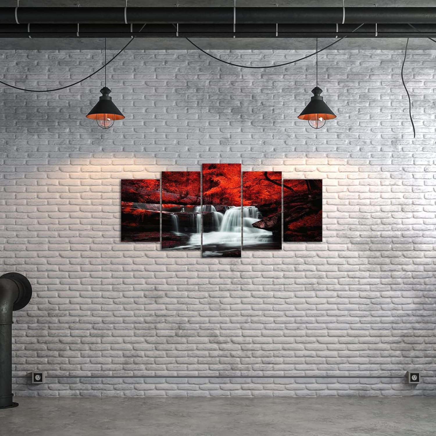 LevvArts Arte de pared blanco y negro, 5 piezas de bosque de árbol rojo, cascada, lienzo impreso en lienzo de otoño pinturas de paisaje enmarcadas