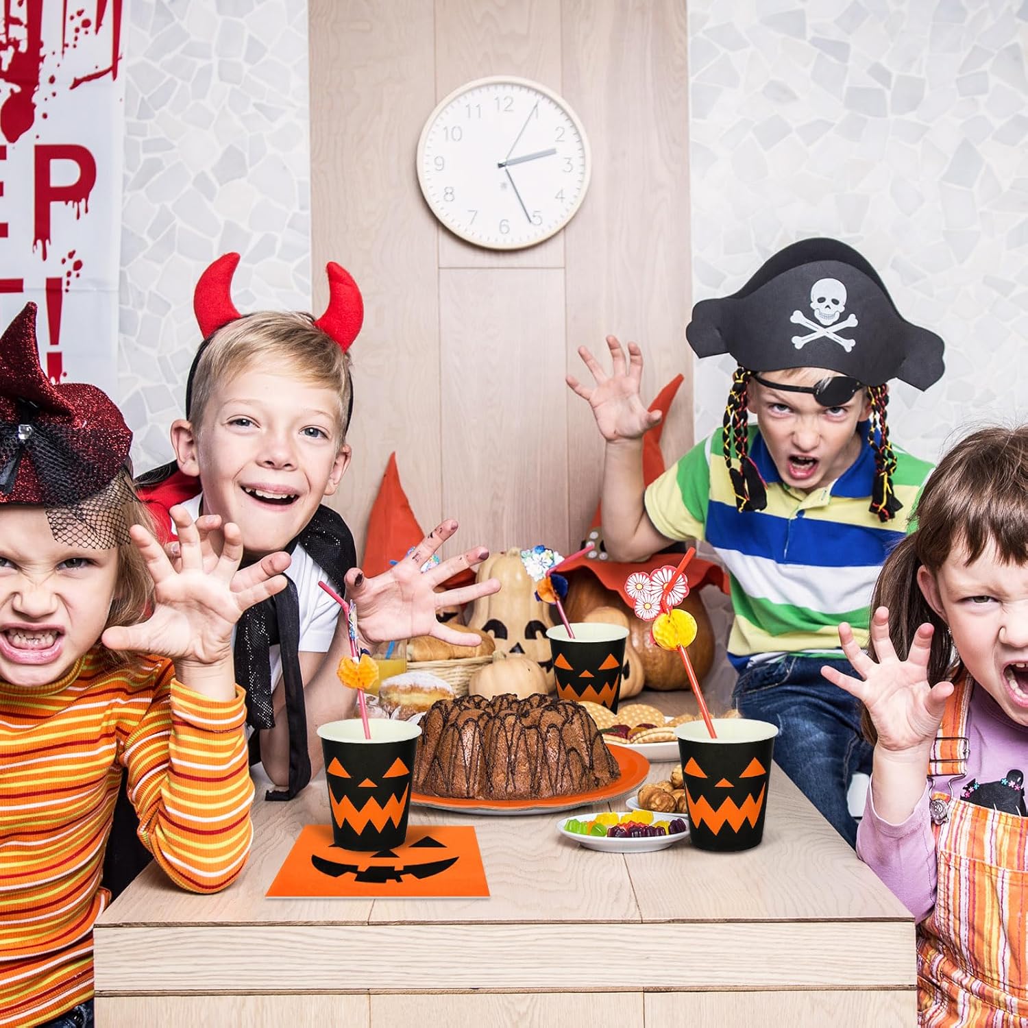 AnyDesign – Juego de vajilla para fiesta de Halloween, platos de papel con temática de calabaza naranja y negra, tazas, servilletas, vajilla