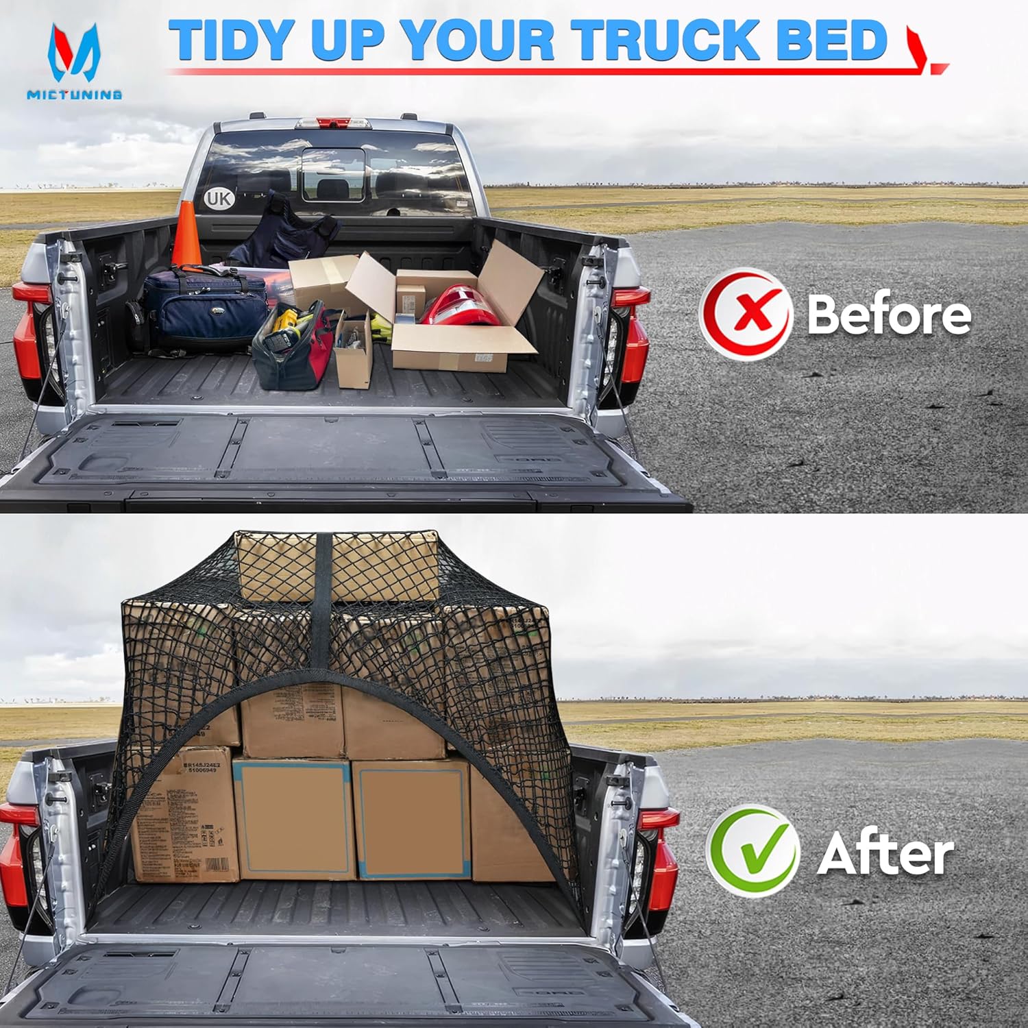 MICTUNING Red de carga para caja de camión, red de carga altamente elástica de 4 x 4 pies, organizador de malla elástica de hasta 7 x 7 pies para