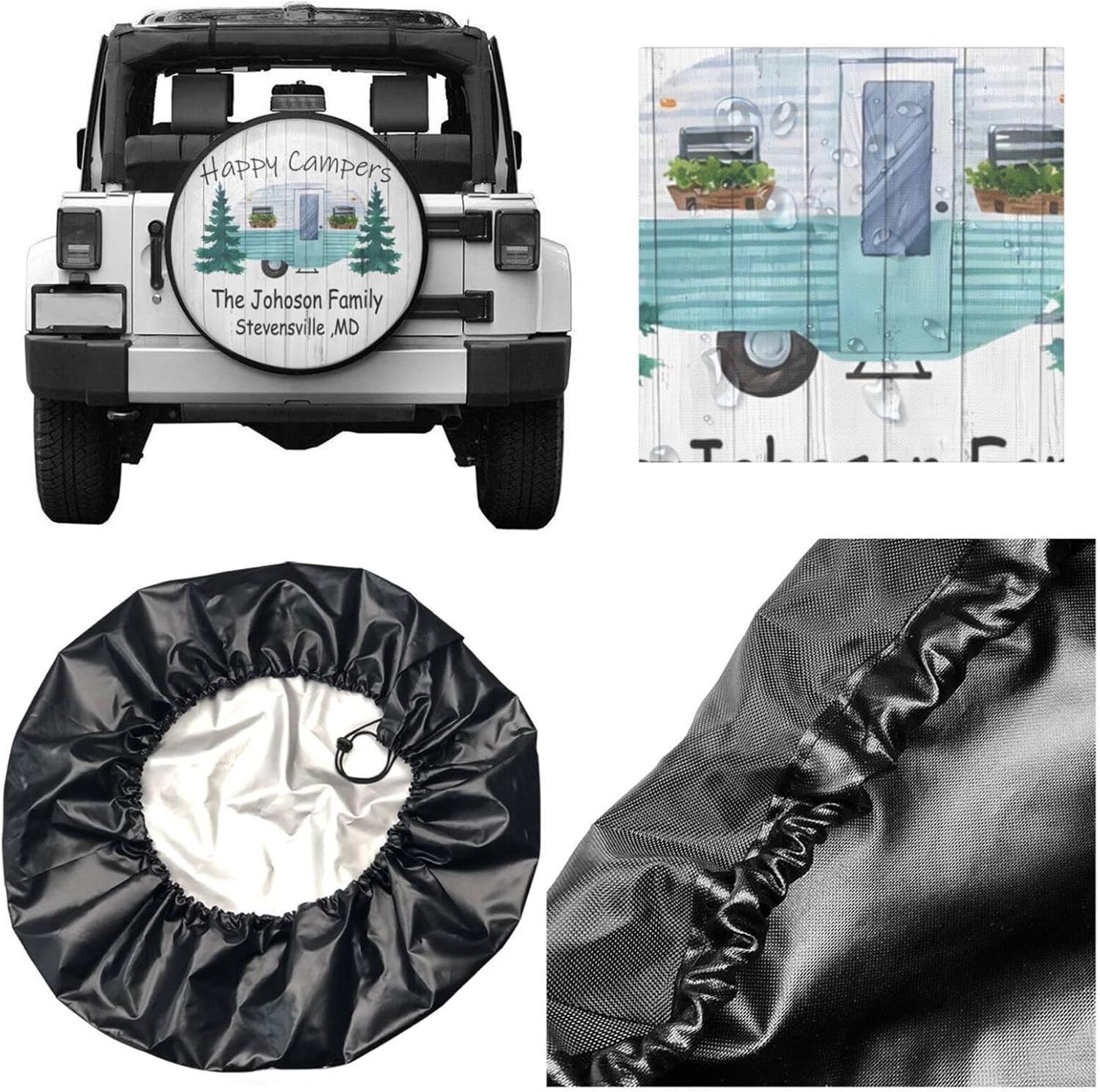 Happy Camper – Funda protectora para neumático de repuesto con nombre personalizado, para campamento, campamento, impermeable, para Jeep, remolque
