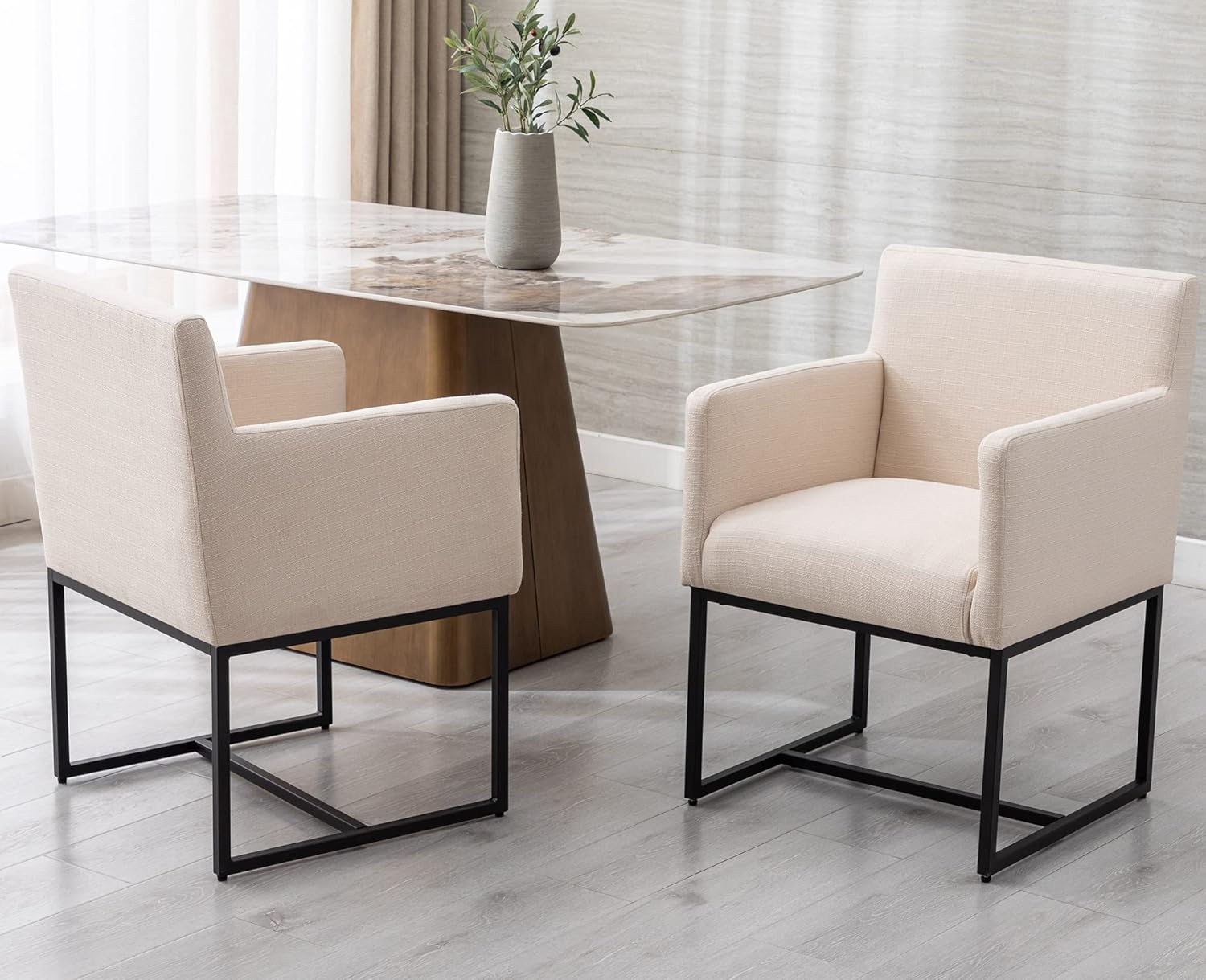 VESCASA Juego de 2 sillas de comedor tapizadas de lino con brazos, modernas sillas de cocina acolchadas de mediados de siglo con marco de metal