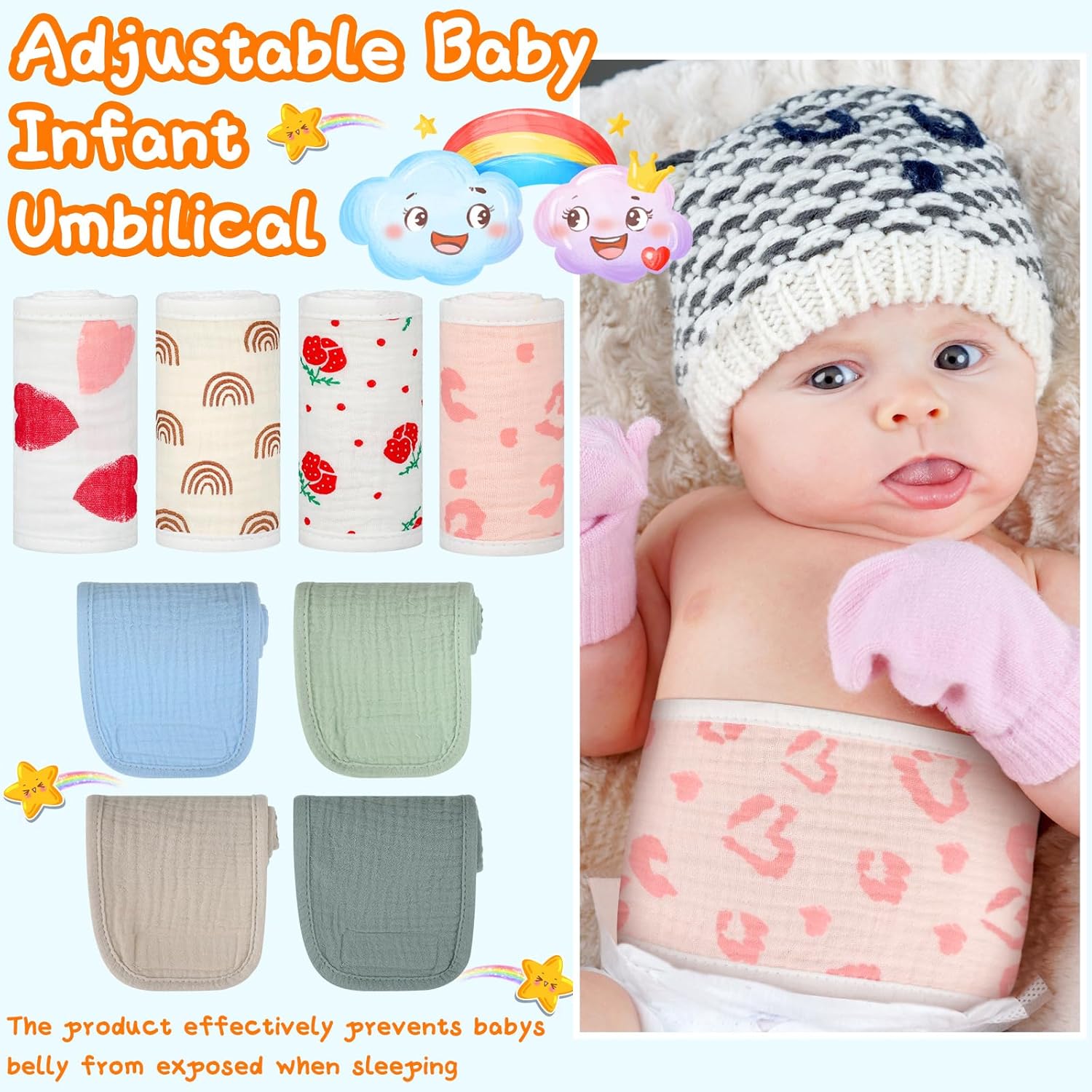 8 unidades de cordón umbilical para bebé, cómodo, ajustable, de algodón, para protección, regalos para bebés de 0 a 12 meses (cota)