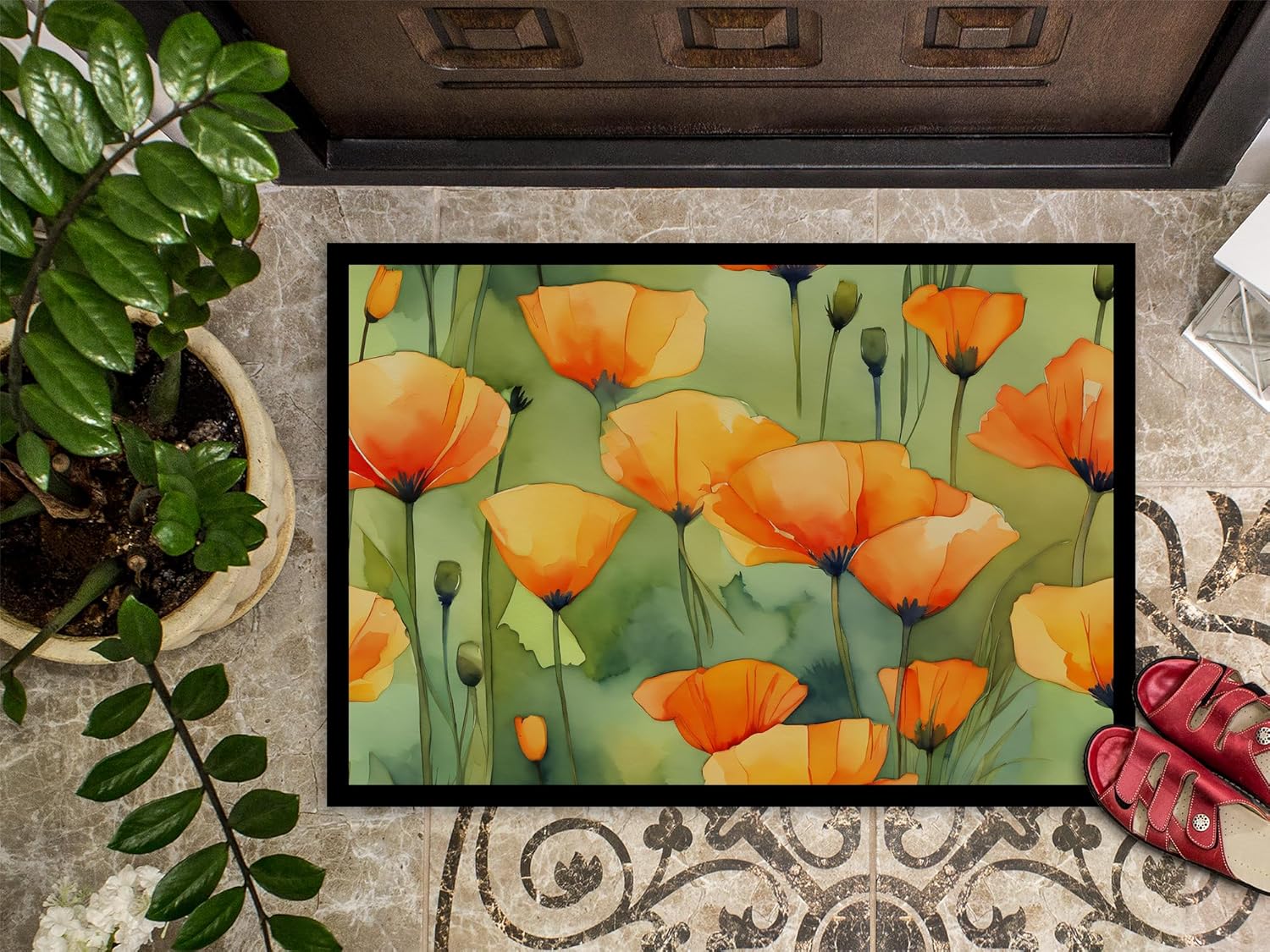 Caroline’s Treasures DAC1630MAT – Tapete para puerta delantera de California California amapolas en acuarela de 18 x 27 pulgadas, tapete para