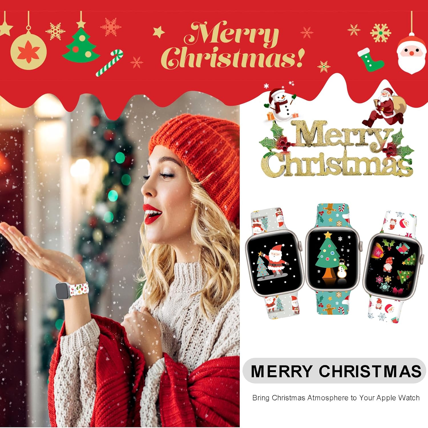 Correa de Navidad compatible con Apple Watch de invierno para mujer, paquete de 3 unidades Ultra de 1.496 pulgadas, 1.575 pulgadas, 1.614 pulgadas,