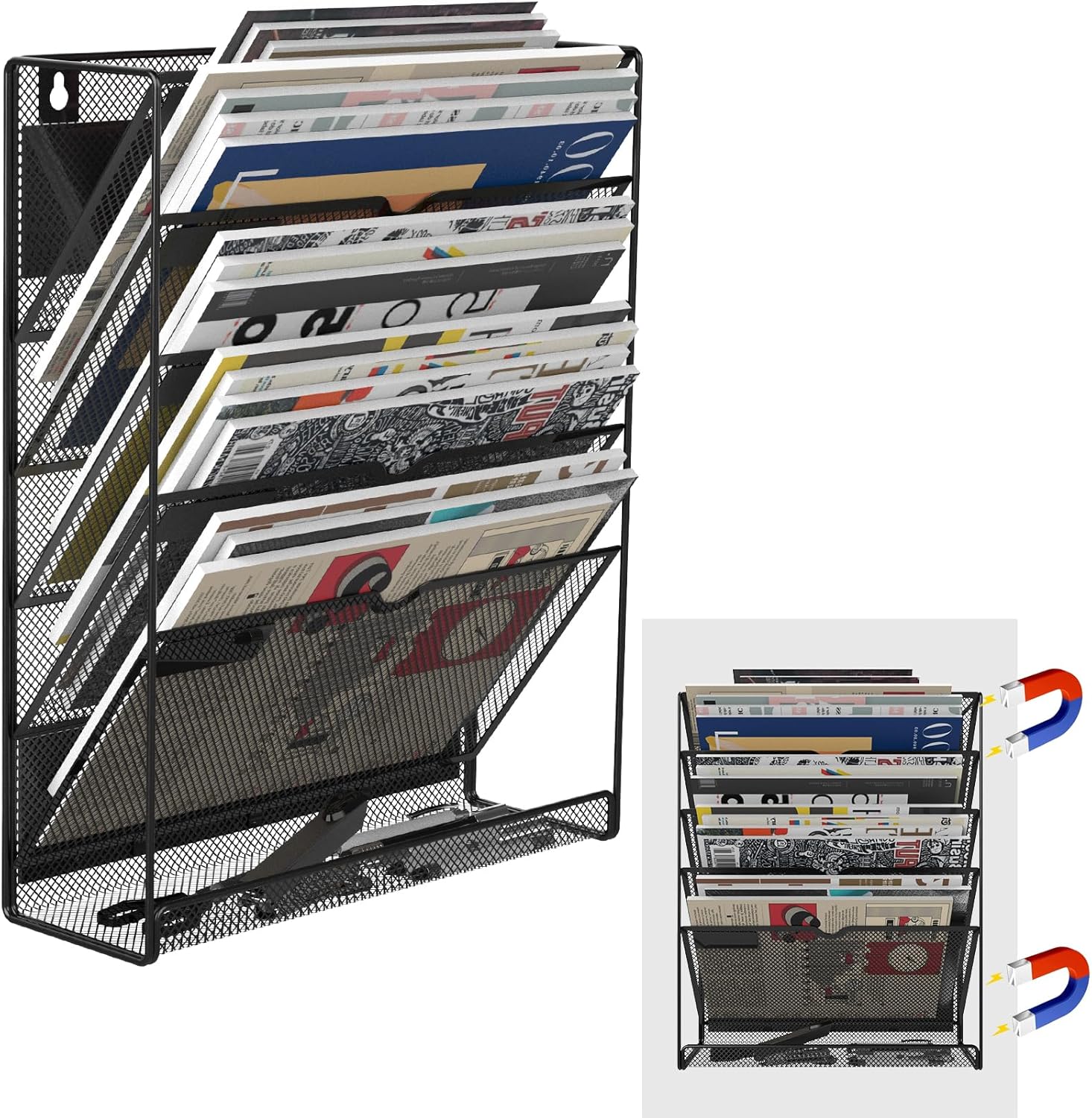 Archivador magnético de 6 niveles, organizador de archivos sin perforación, soporte magnético negro, soporte de papel magnético para refrigerador,