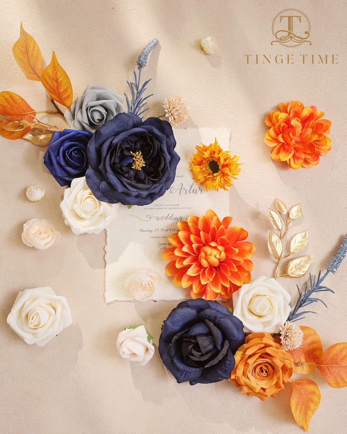 TINGE TIME Flores artificiales, naranja quemado y azul marino, combo de flores para bricolaje, ramos de boda, centros de mesa, arreglos de mesa,