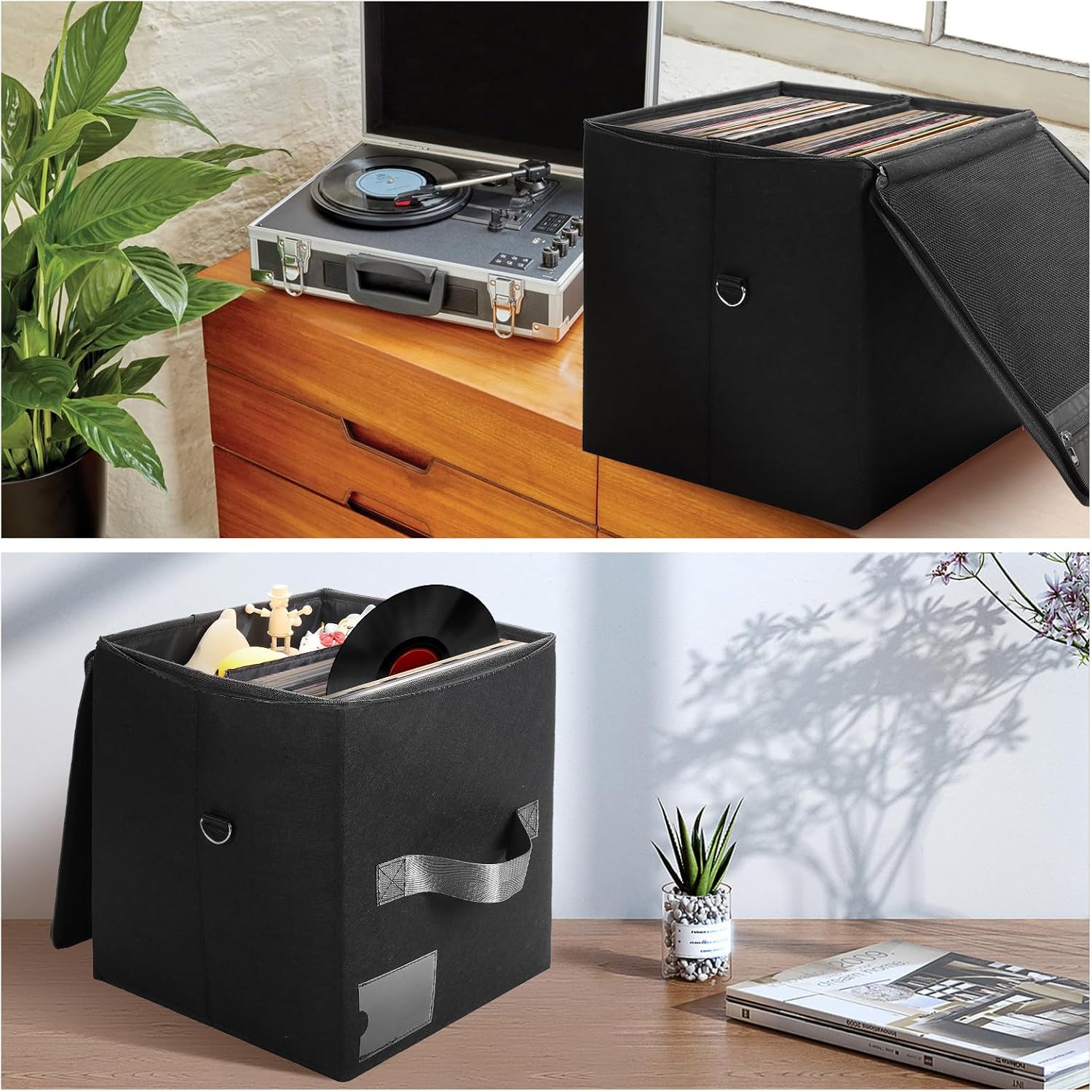 Rasugarlary Caja de almacenamiento de discos de vinilo con capacidad para más de 50 discos con tapa para proteger álbumes, organizador de
