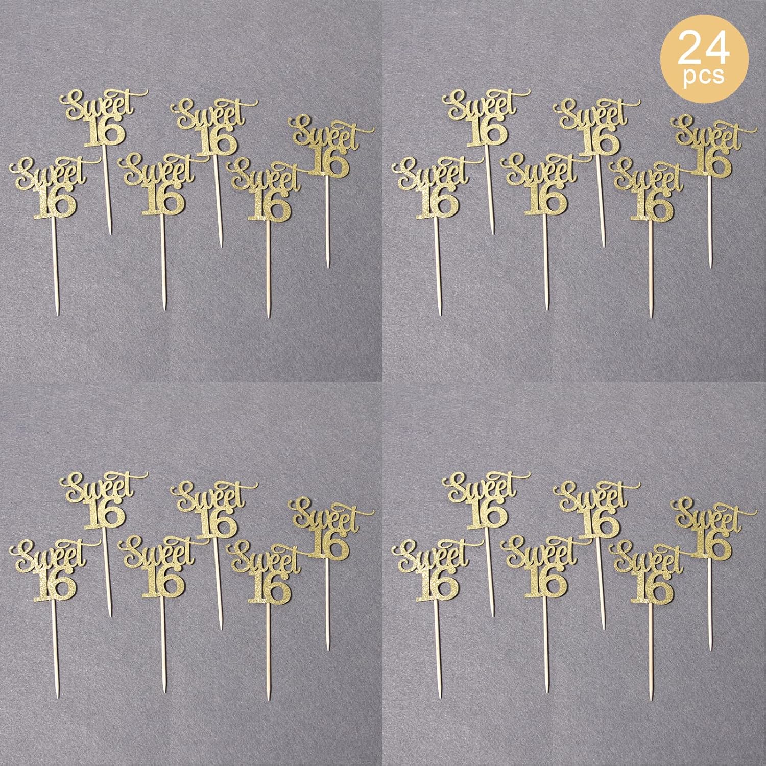 24 adornos dorados de doble cara con purpurina para cupcakes, 16 palillos para cupcakes, suministros de decoración de pasteles de fiesta de
