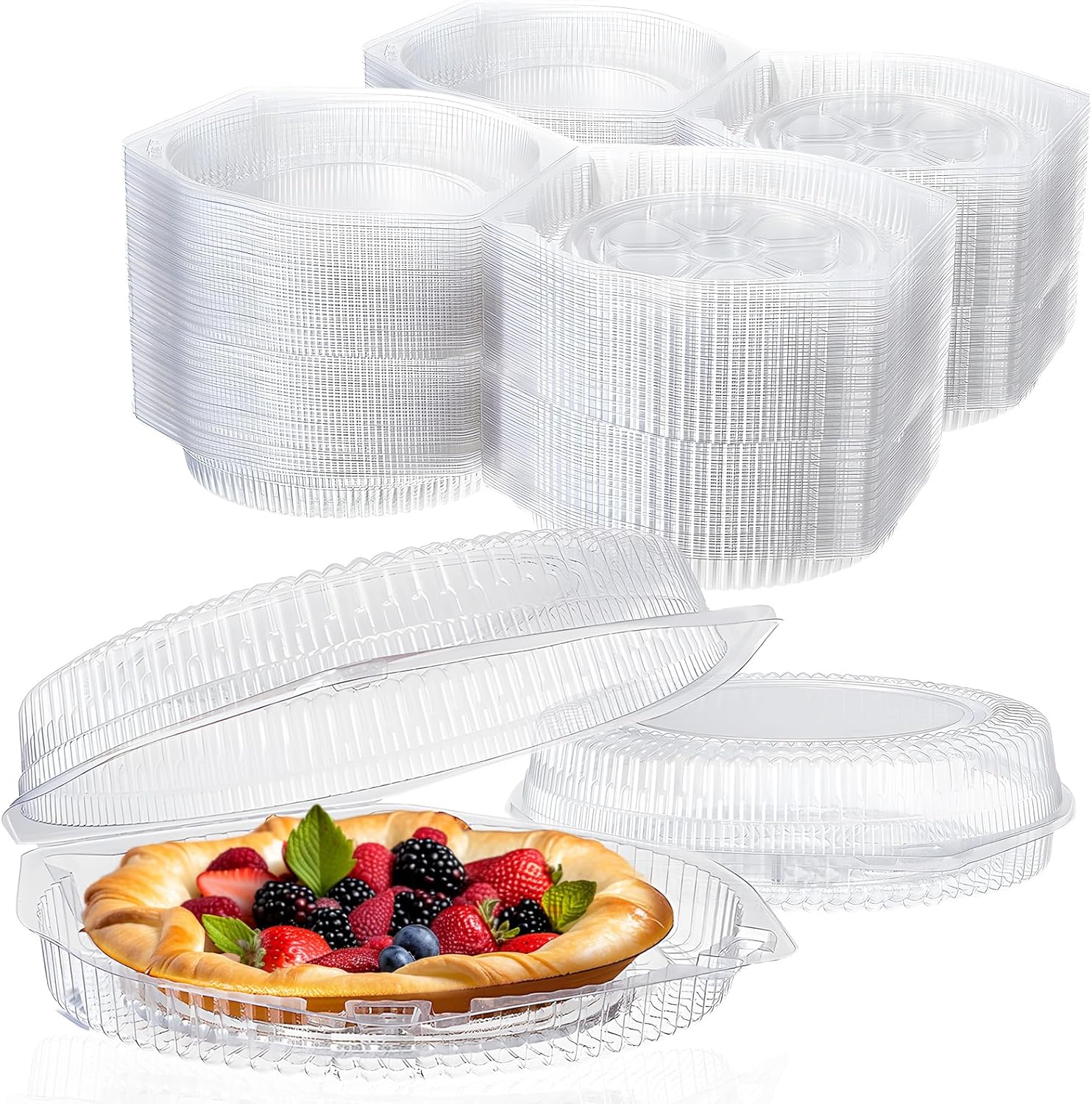 100 recipientes desechables de plástico de 9 pulgadas para tartas con tapas de bloqueo con bisagras, recipientes transparentes para flan con tapas,