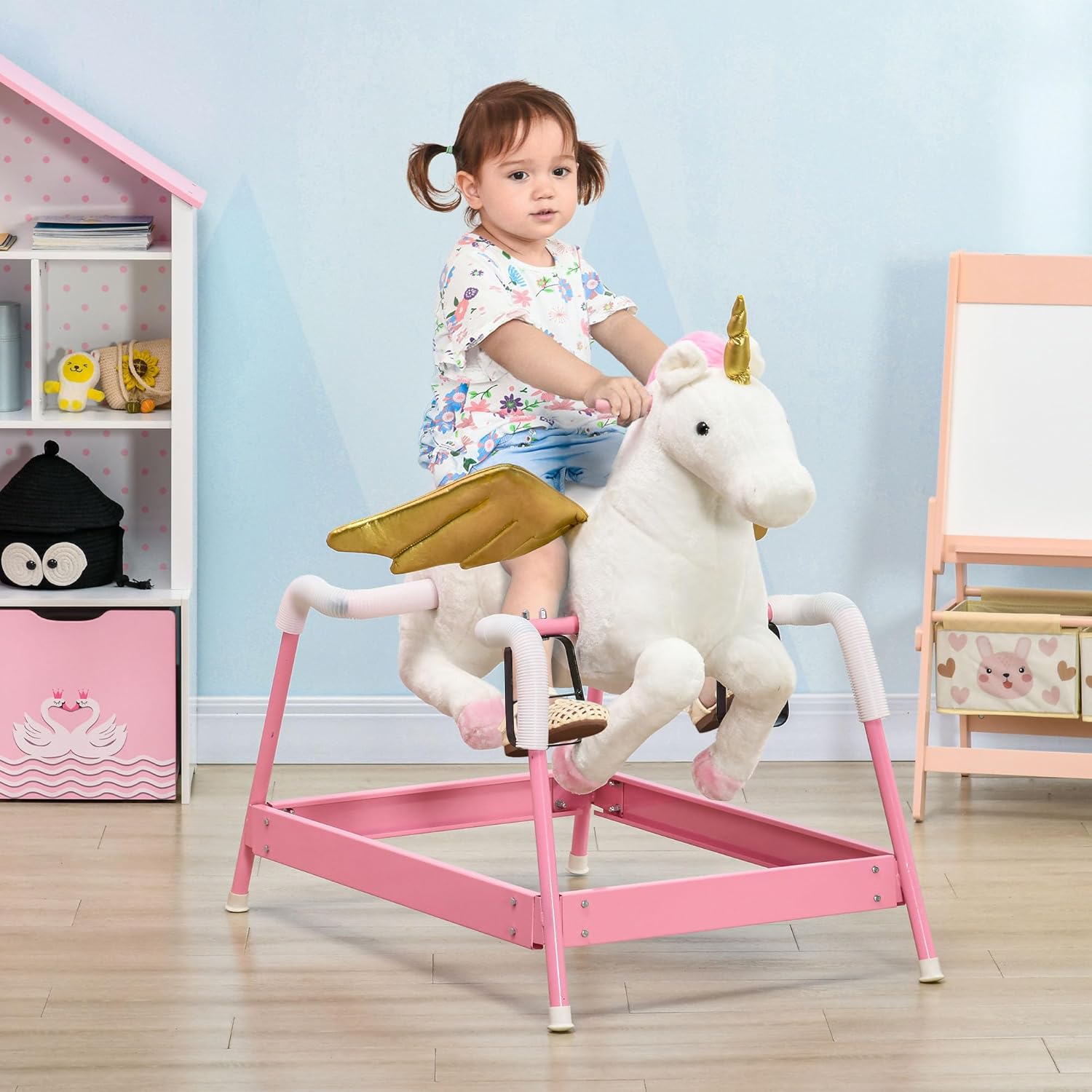 Qaba Caballo mecedor de primavera, para niños de 5 a 12 años, juguete con sonido, diseño de unicornio, rosa