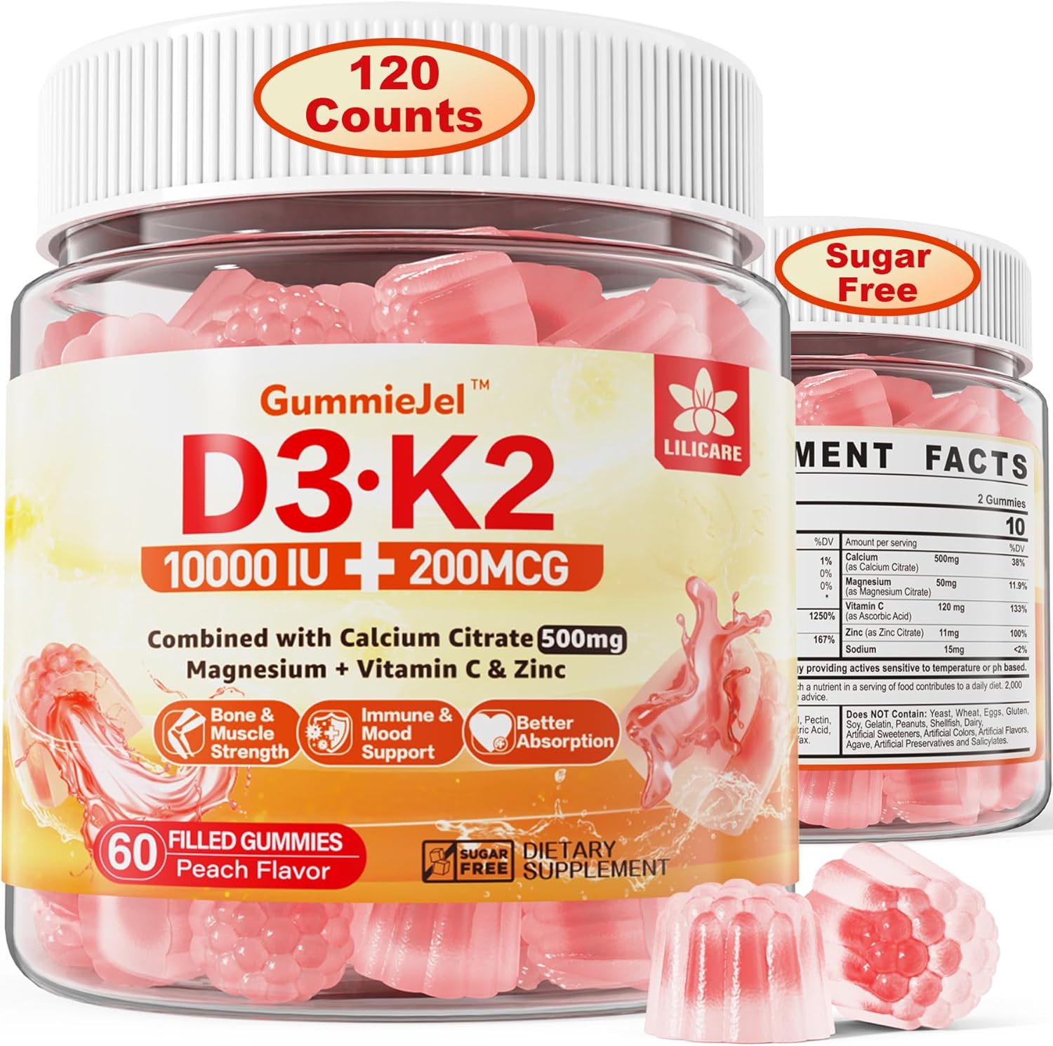 Paquete de 2 gomitas rellenas de vitamina D3 K2 sin azúcar, 5000IU  10,000 UI con 500 mg de calcio + K2 (MK-7) 200 mcg, citrato de magnesio,