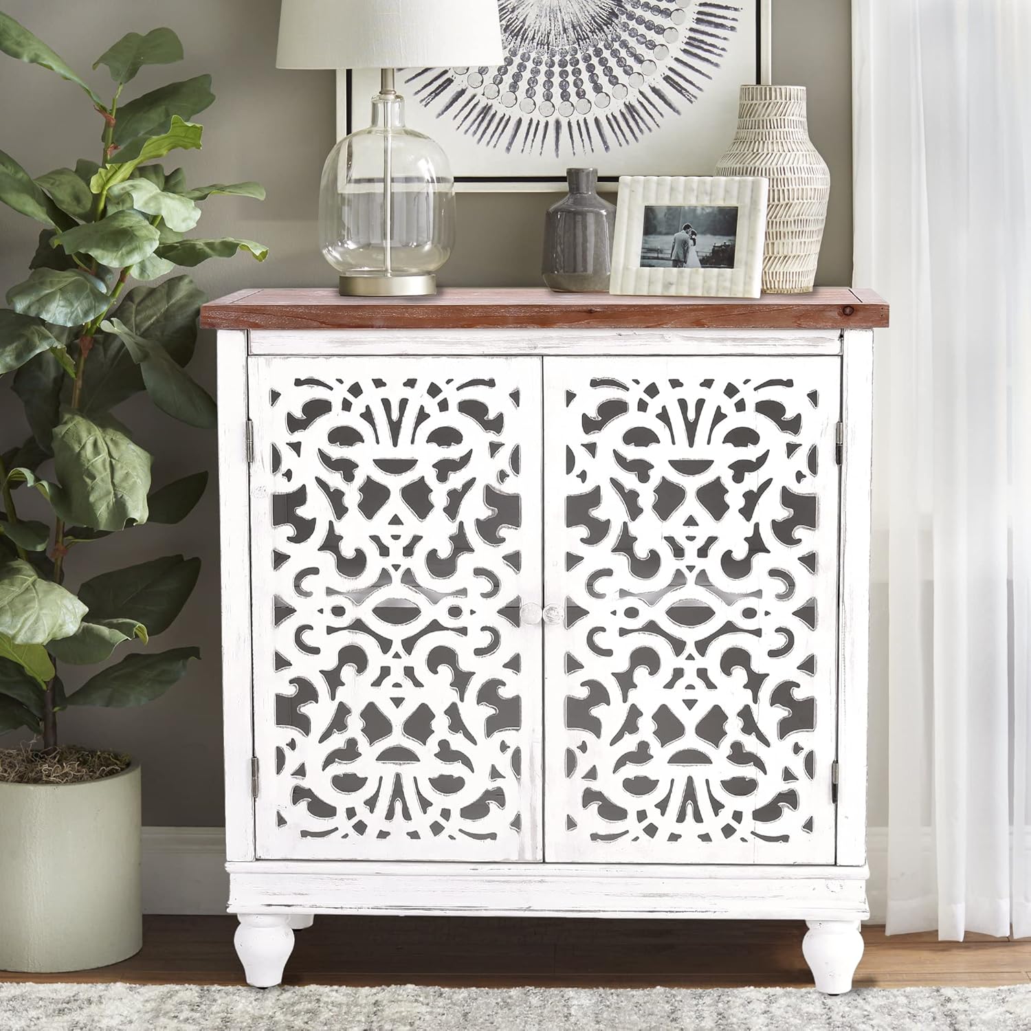PHI VILLA Gabinete de acento blanco  Aparador de buffet pequeño con puertas Credenza Farmhouse Gabinete de almacenamiento