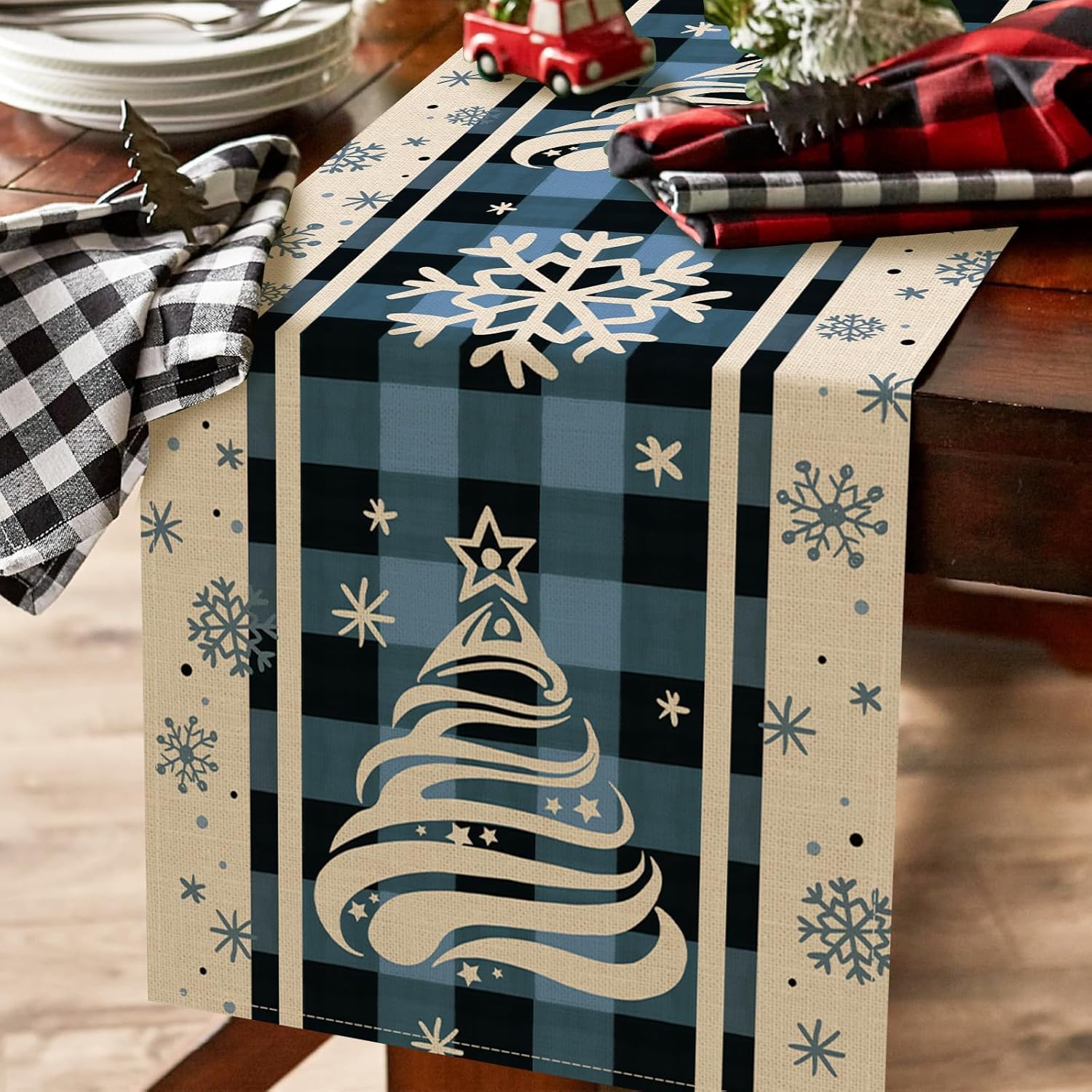 Seliem Camino de mesa de árbol de Navidad con copos de nieve de invierno, decoración de mesa de comedor de búfalo azul de Navidad, decoración de