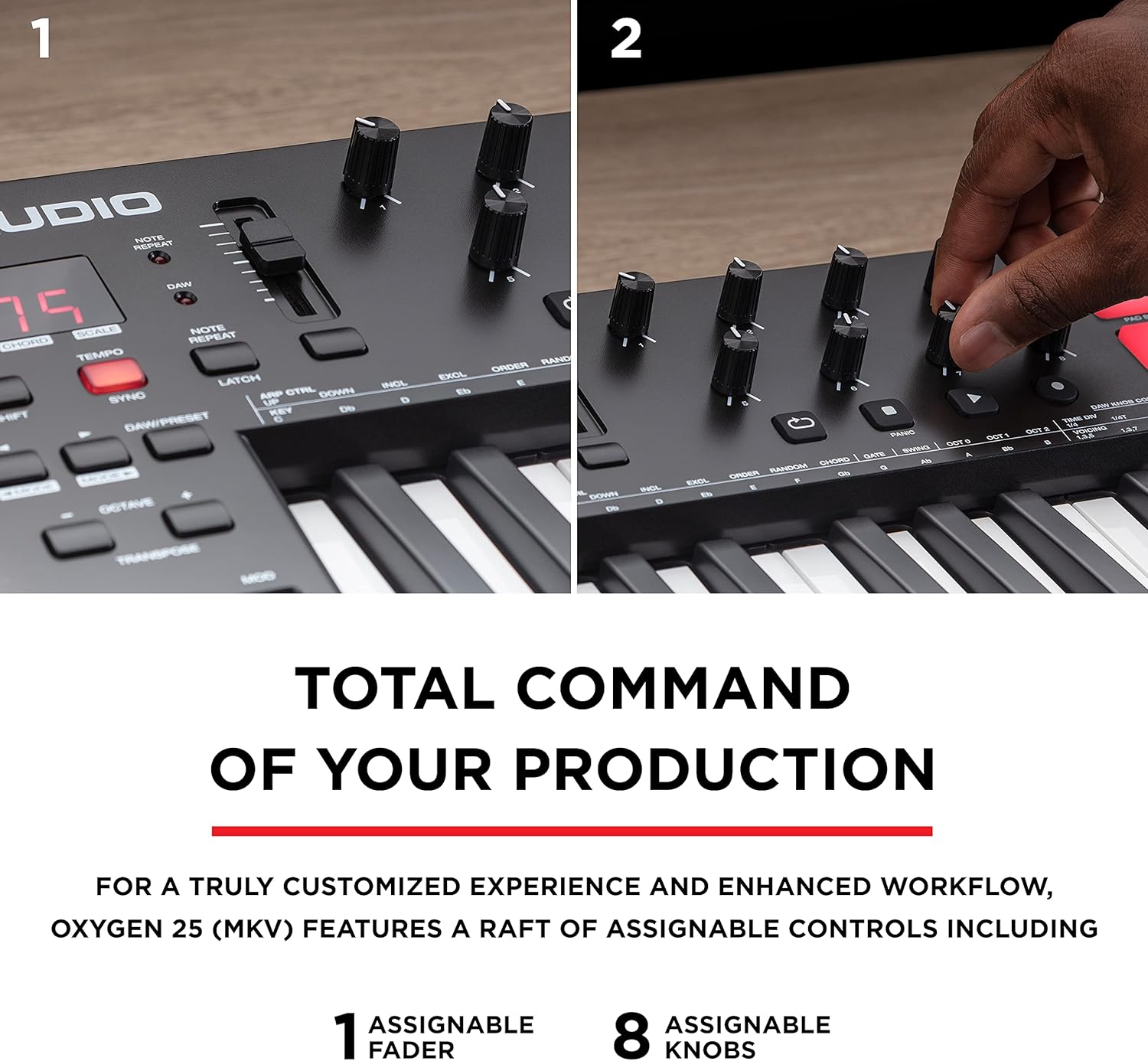 M-Audio Oxygen 25 (MKV) – Controlador de teclado MIDI USB de 25 teclas con almohadillas de ritmo, modos de acorde inteligente y escala, arpegiador y
