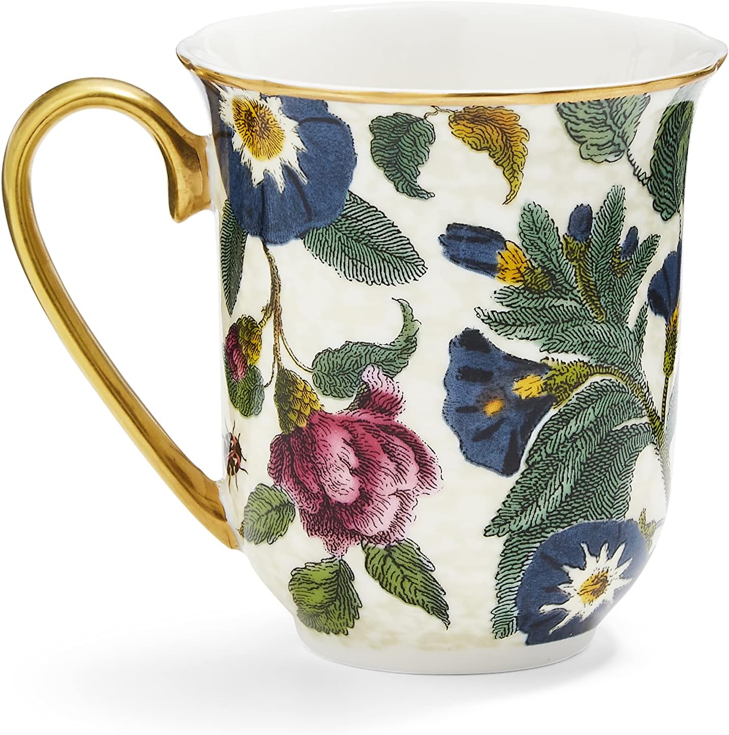 Spode Creatures of Curiosity Collection – Taza de café floral crema, 12 onzas, borde dorado y asa, hecha de porcelana fina, tazas para café, taza de