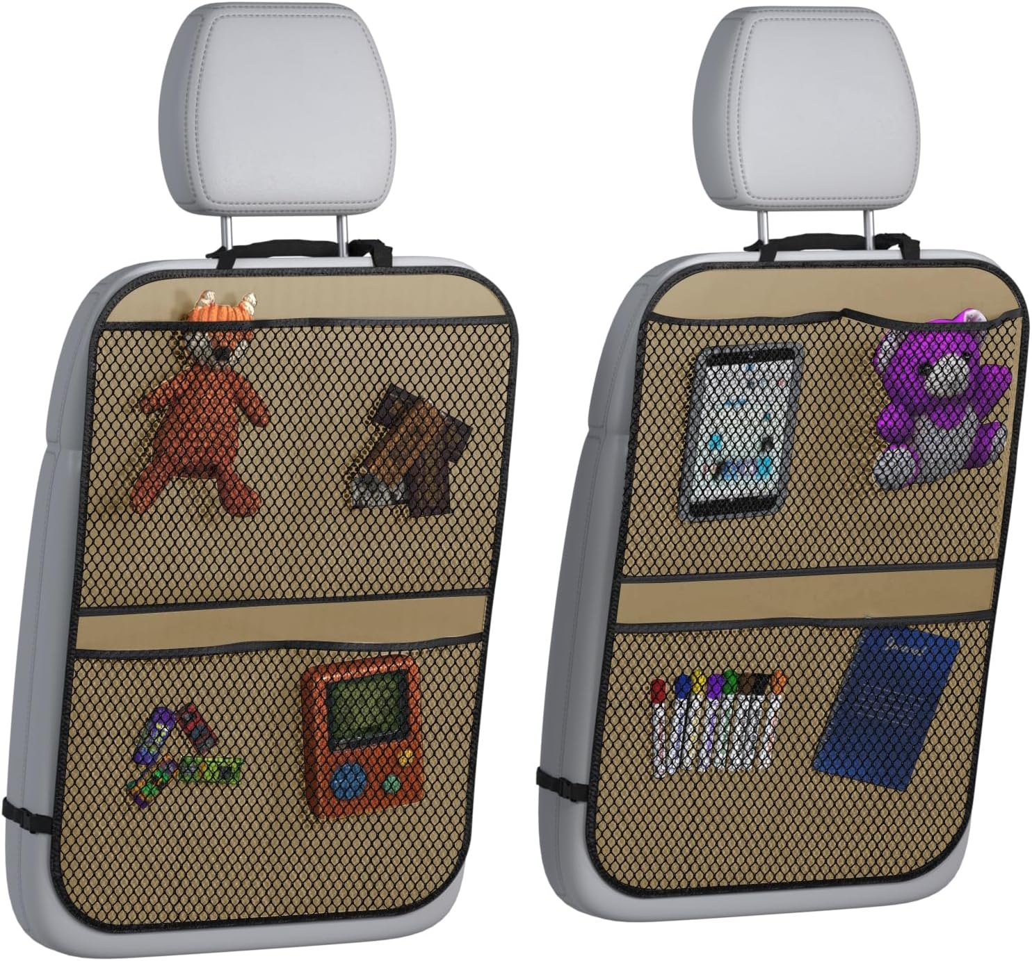 lebogner Funda de asiento trasero para niños (beige, alfombrillas para patadas + organizador de 4 bolsillos)