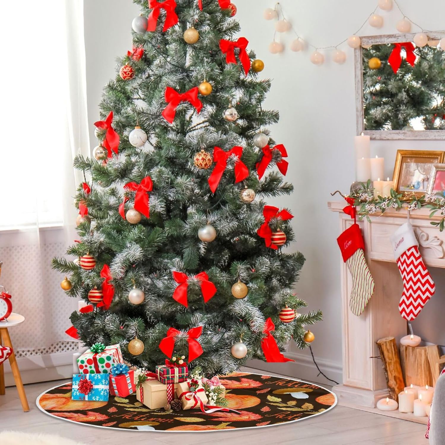 Atercolor – Falda de árbol de Navidad con elementos otoñales, acogedora decoración de Navidad, falda de árbol lavable de 35.4 pulgadas, decoración