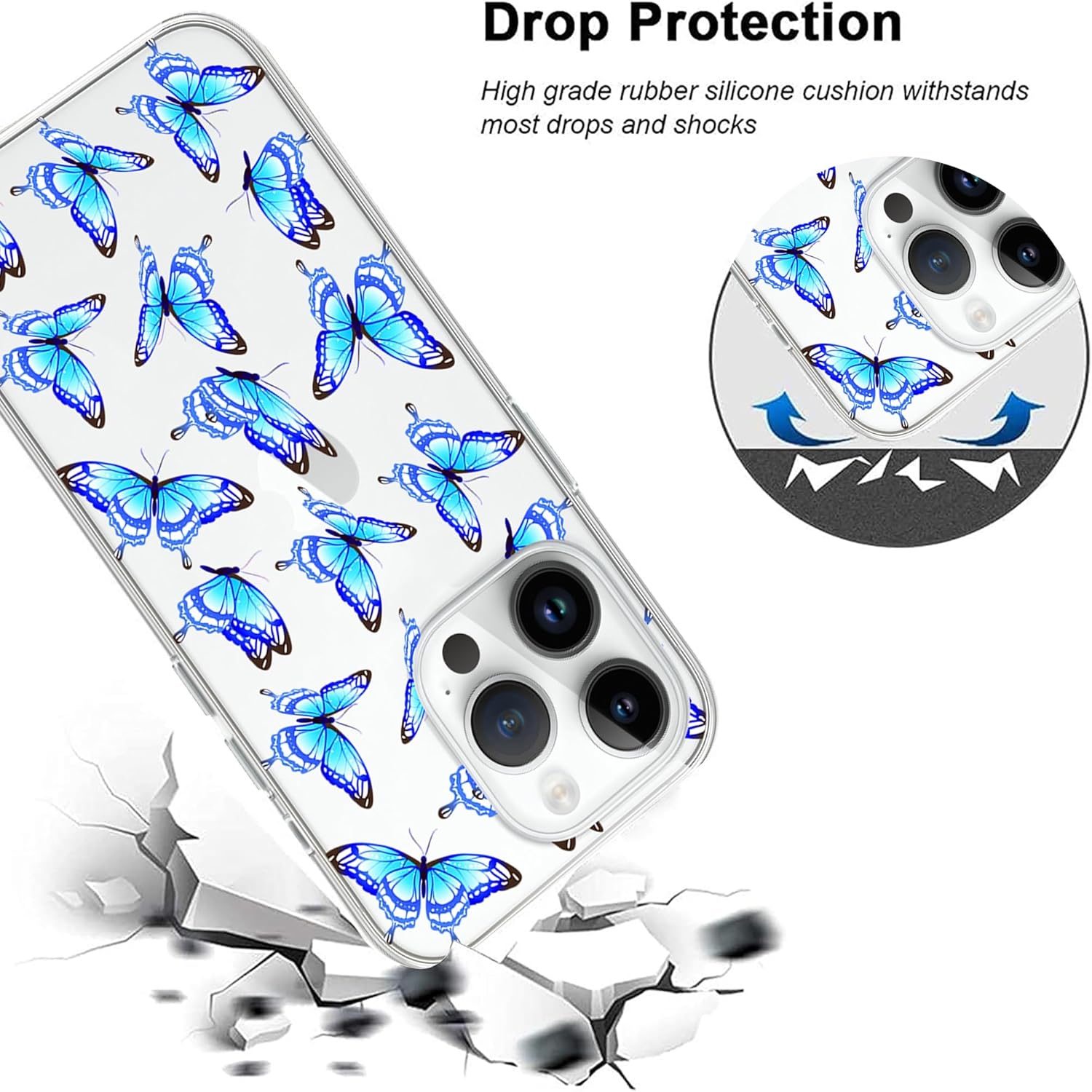 Bonita funda estética de mariposa azul transparente compatible con iPhone 15 Pro Max de 6.7 pulgadas (2023), funda protectora de TPU suave y delgada