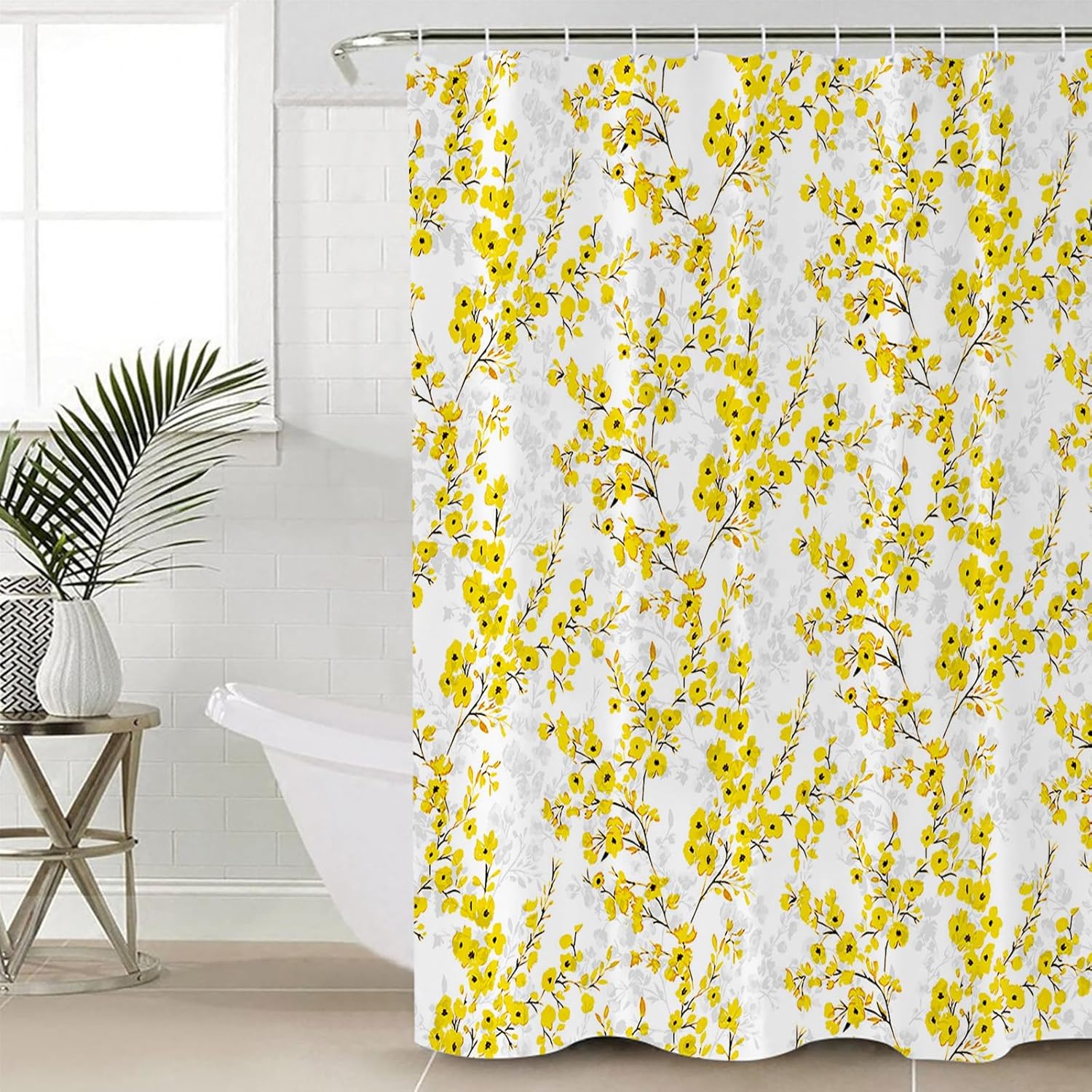 Cortinas de ducha florales para baño, estilo acuarela, flores amarillas y grises, juego de cortinas de ducha de tela impermeable con 12 ganchos,