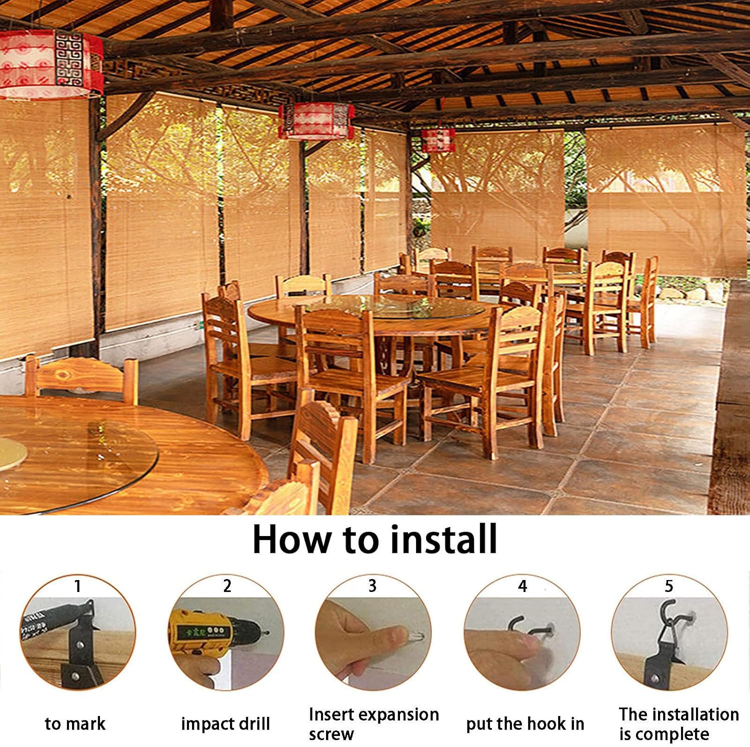 Persianas de bambú de bambú para exteriores, persianas enrollables de bambú para ventanas, persianas de bambú para patio, sin cordones para porche,