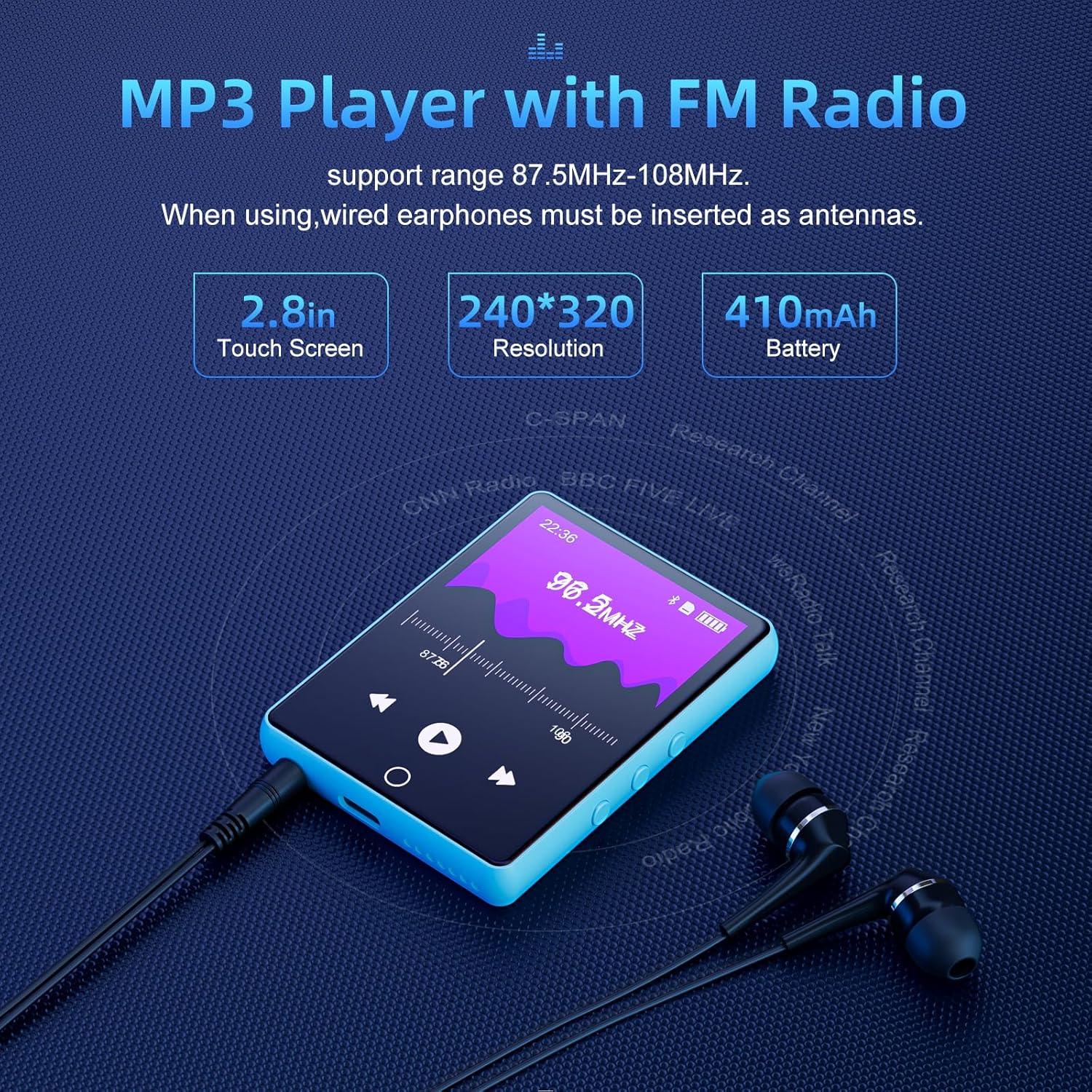 64GB Mp3 Player with Bluetooth 5.3, 2.8″ Full Touch Screen Music Player, Portable Digital Lossless Media Player with FM Radio Speaker for Kids, Up