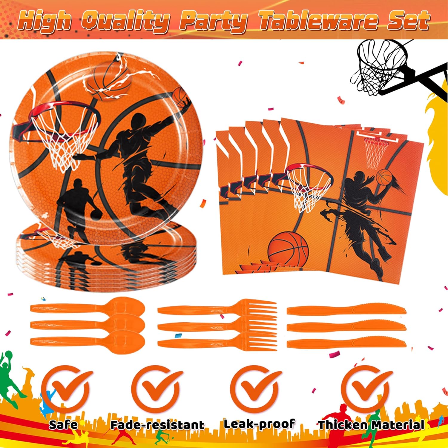 Juego de 196 piezas de decoración de fiesta de cumpleaños temática de baloncesto, incluye kit de globos, platos, servilleta, taza, tenedor,