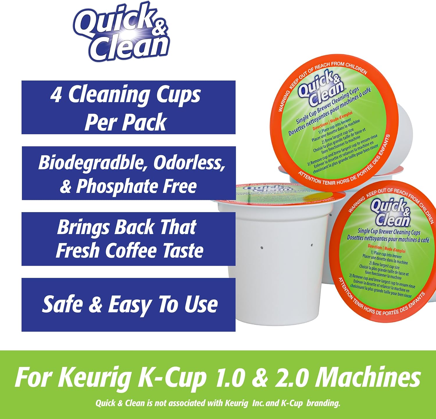 Quick & Clean Paquete de 4 tazas de limpieza + 2 filtros con paquete descalcificador (2 usos totales) – Compatible con 2.0, solución de