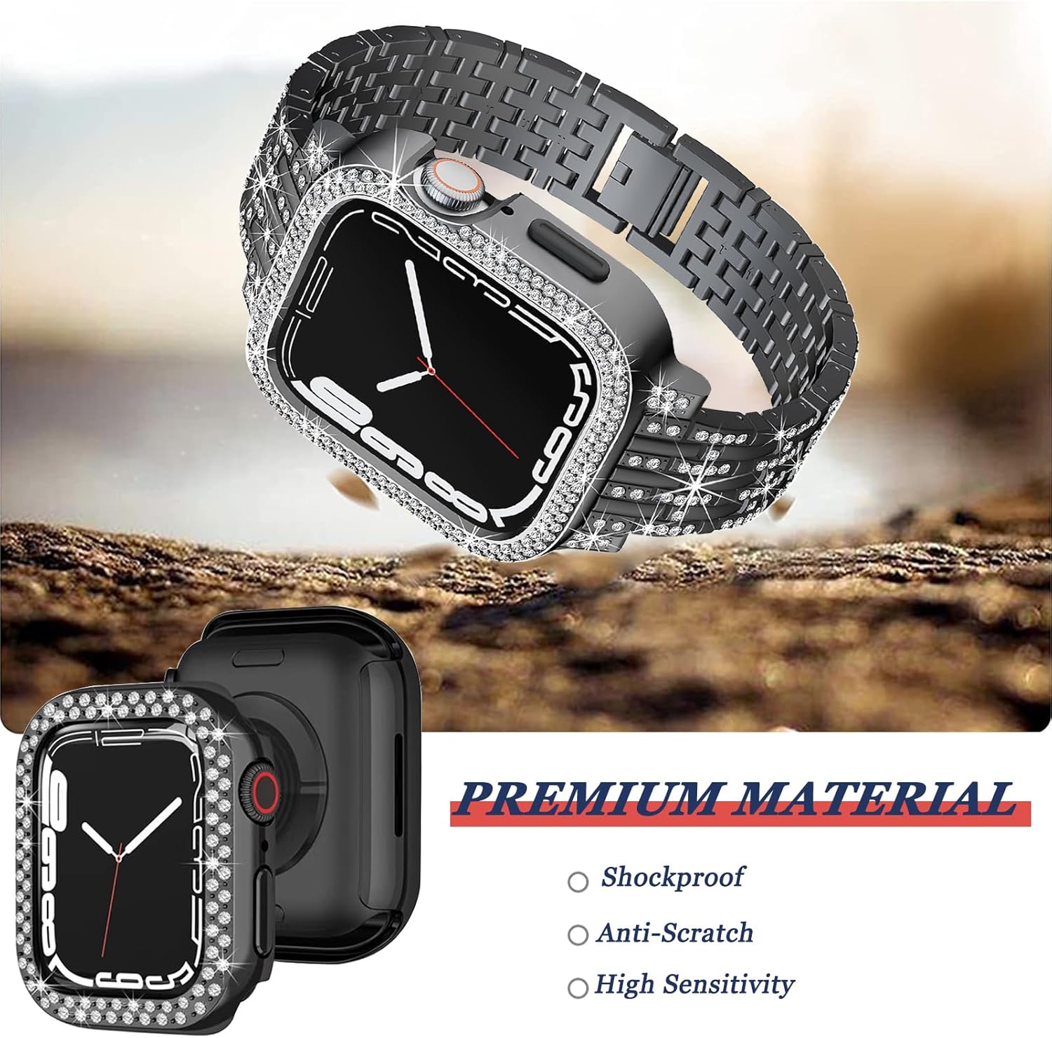 NINKI Correa de metal compatible con Apple Watch Series 8 Series 7 de 1.614 pulgadas con funda (sin protector de pantalla), correa de acero