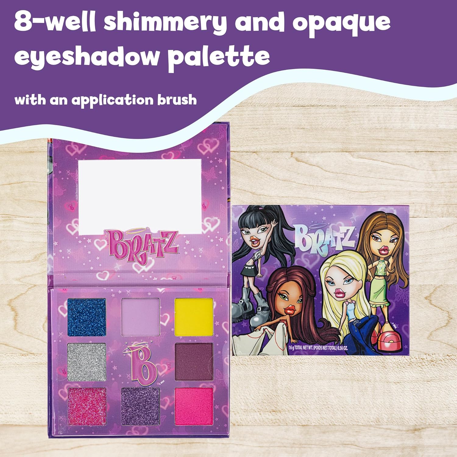 Townley Girl Bratz Paleta de sombra de ojos de 8 pozos, colores brillantes, pigmentada mezclable, 1 cepillo de aplicación, no tóxico, perfecto para