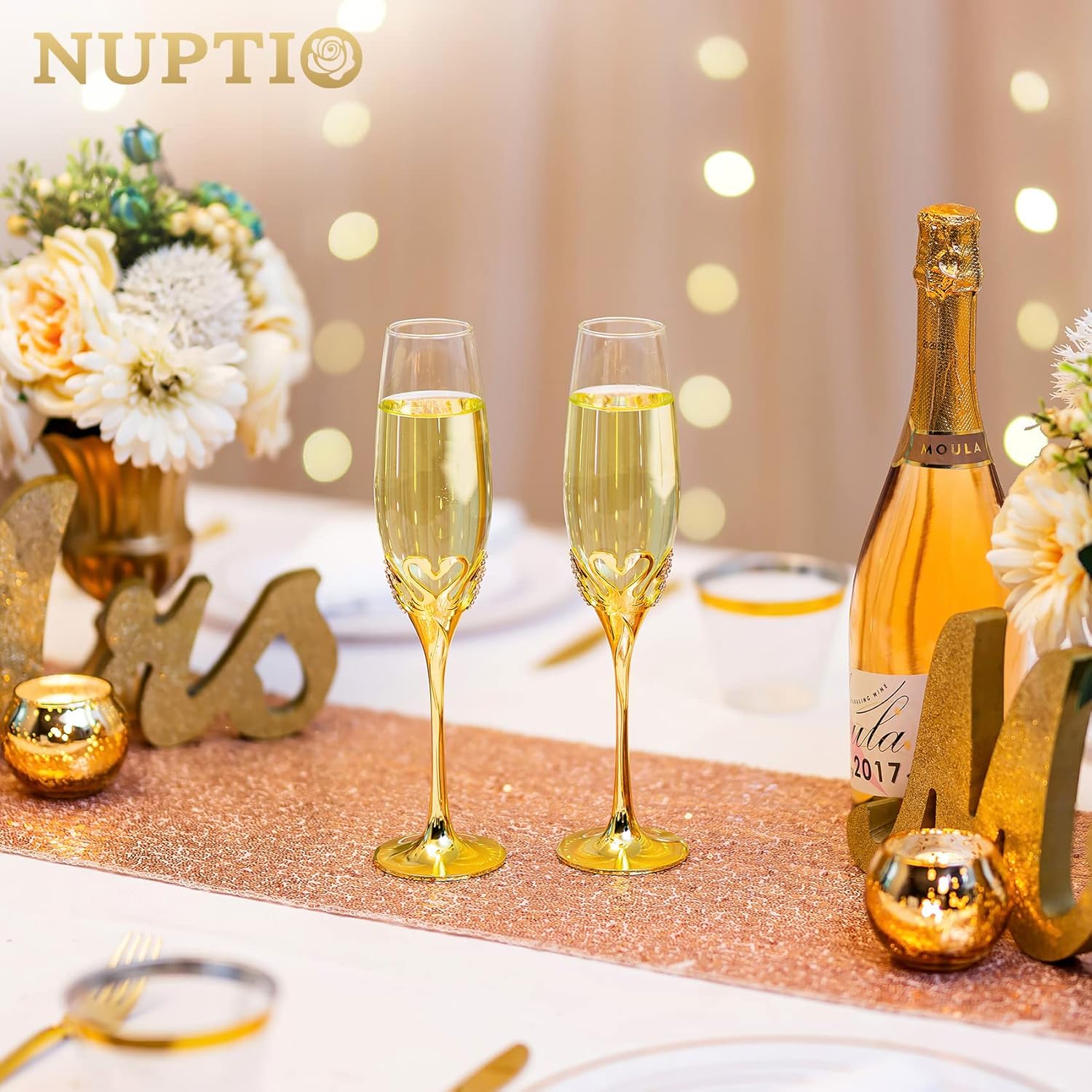 NUPTIO Copas de champán doradas Juego de 2 copas de cristal para brindis de champán de boda dorado con caja de regalo para novia, novio, parejas,